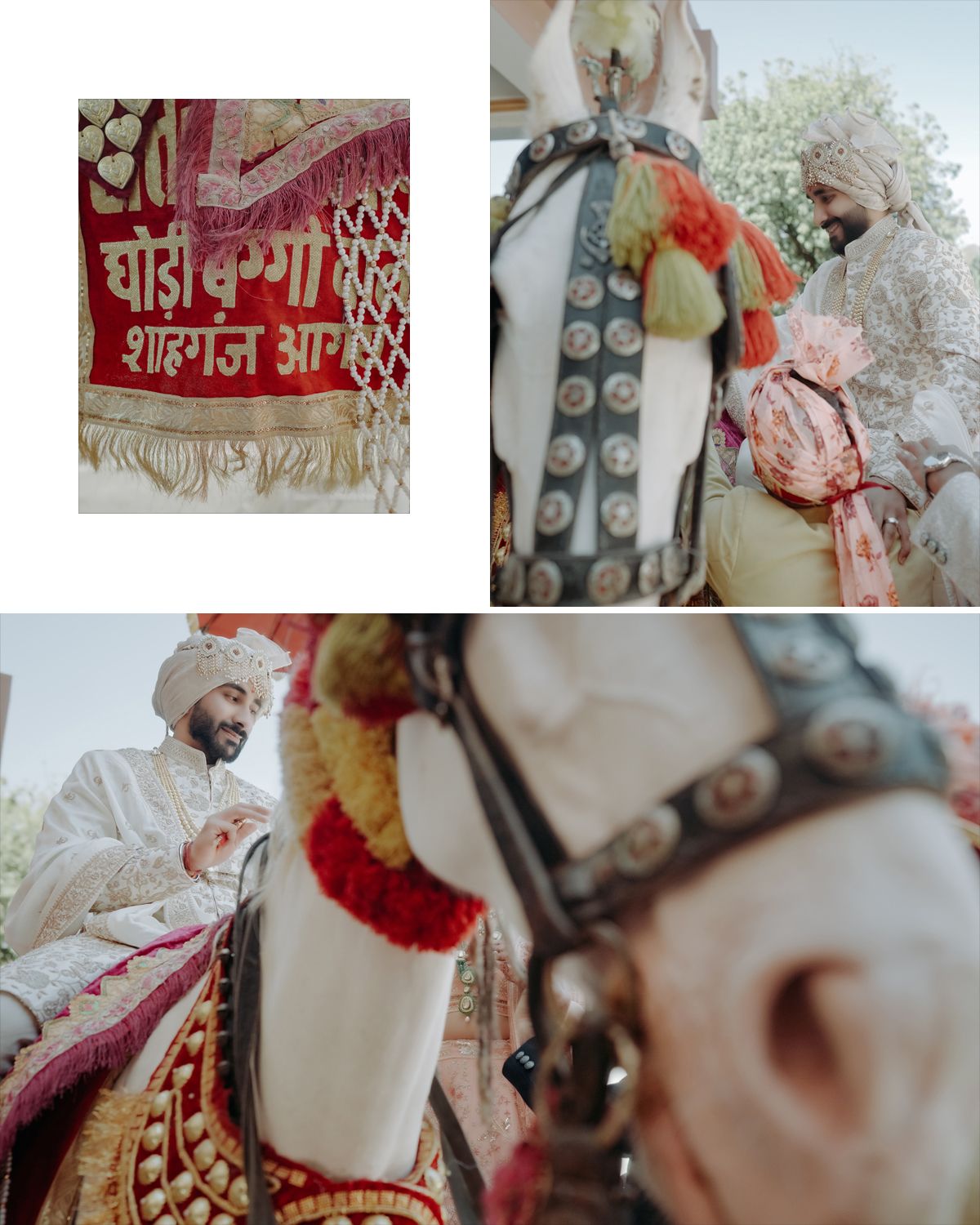 Traditional Indian wedding details with decorative signage and ornate horse decorations.