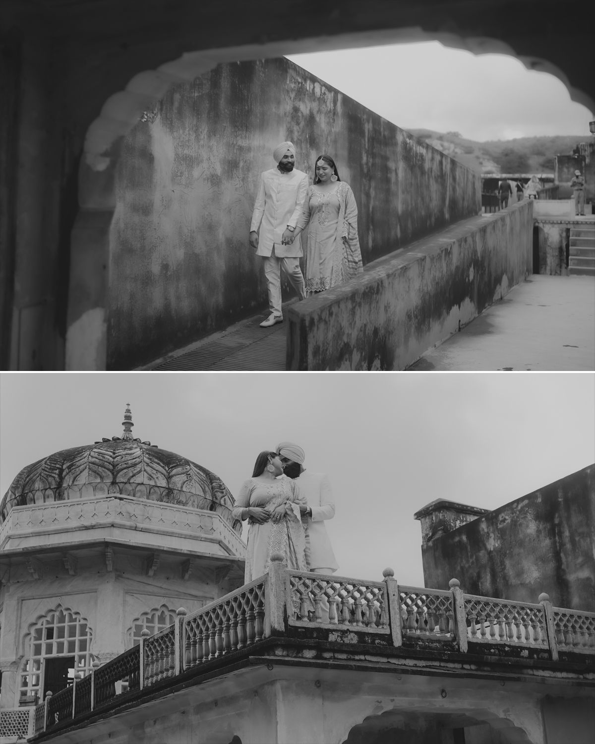 Black and white architectural photos showing couples posing at different levels of a historic fort.