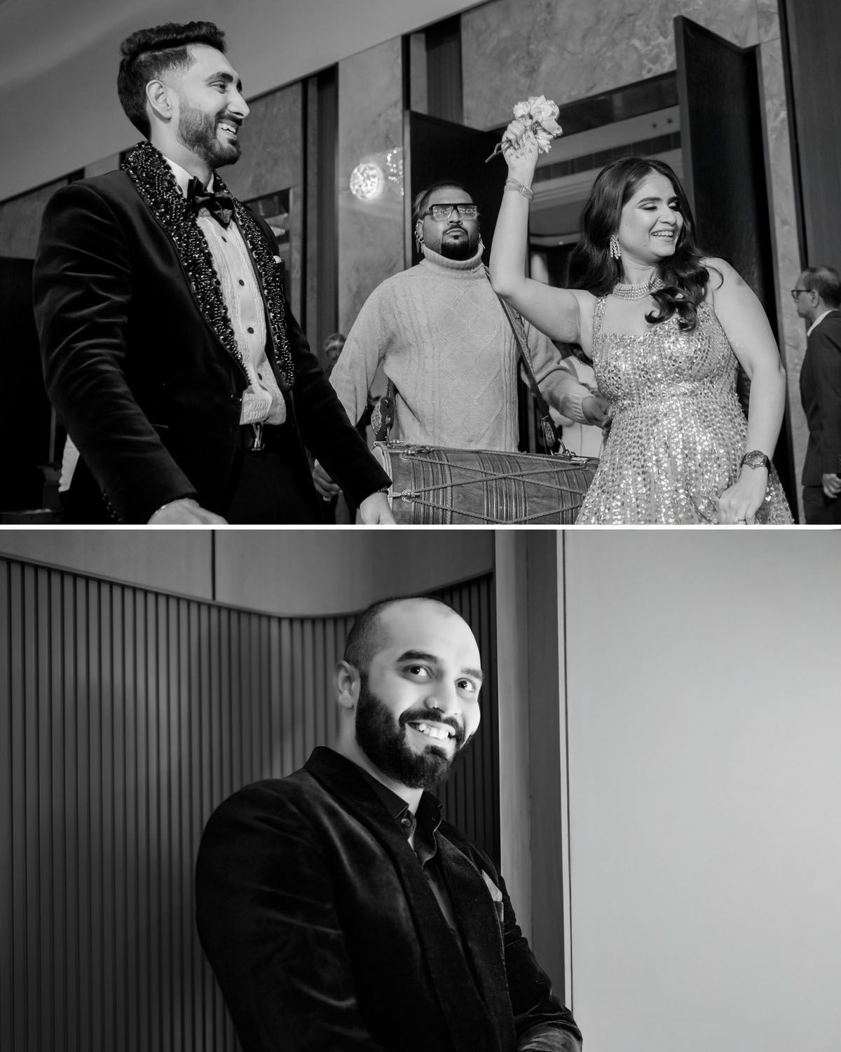 Joyful celebration moments captured in black and white featuring formal attire and candid expressions.