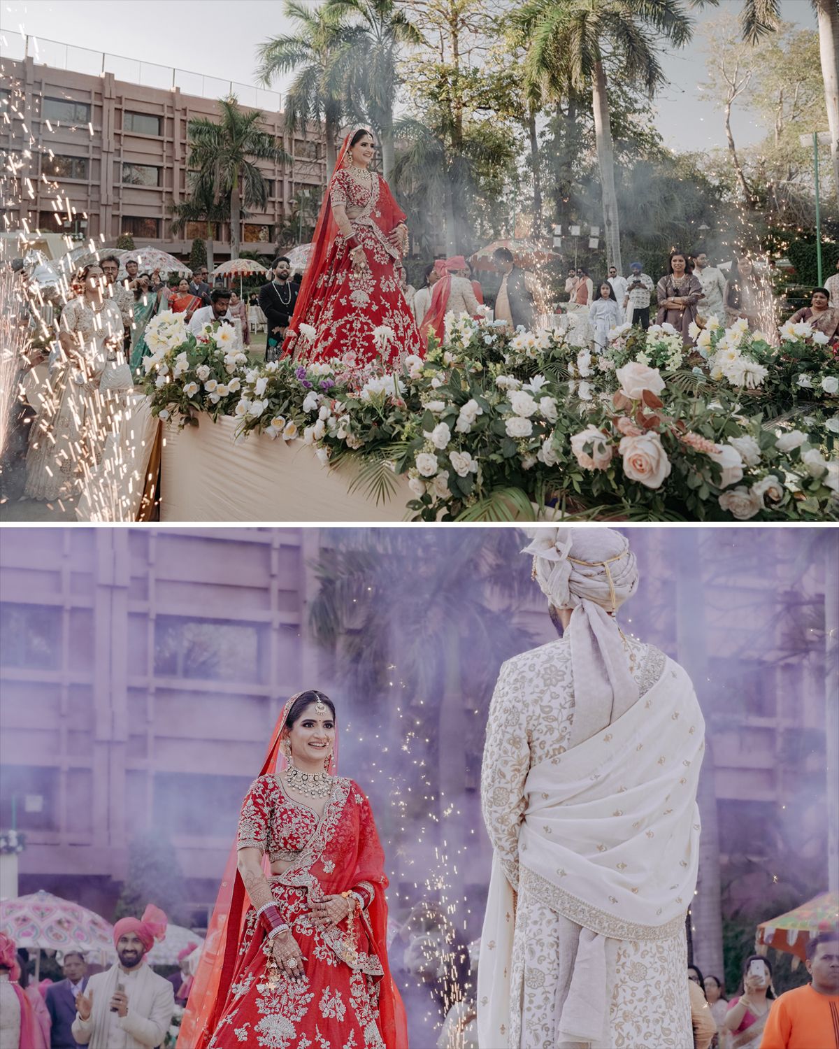 Dramatic wedding ceremony setup with white floral arrangements, smoke effects and traditional Indian attire.