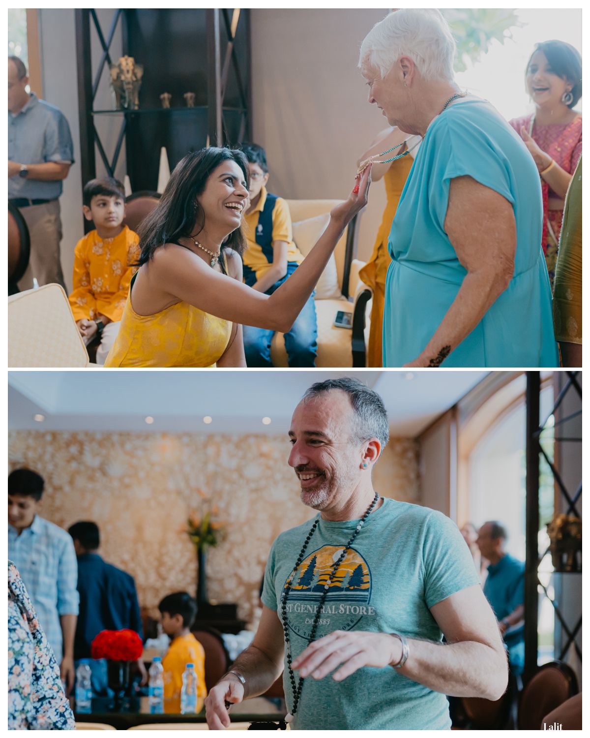 Joyful moments captured during an Indian wedding celebration with guests in bright attire.