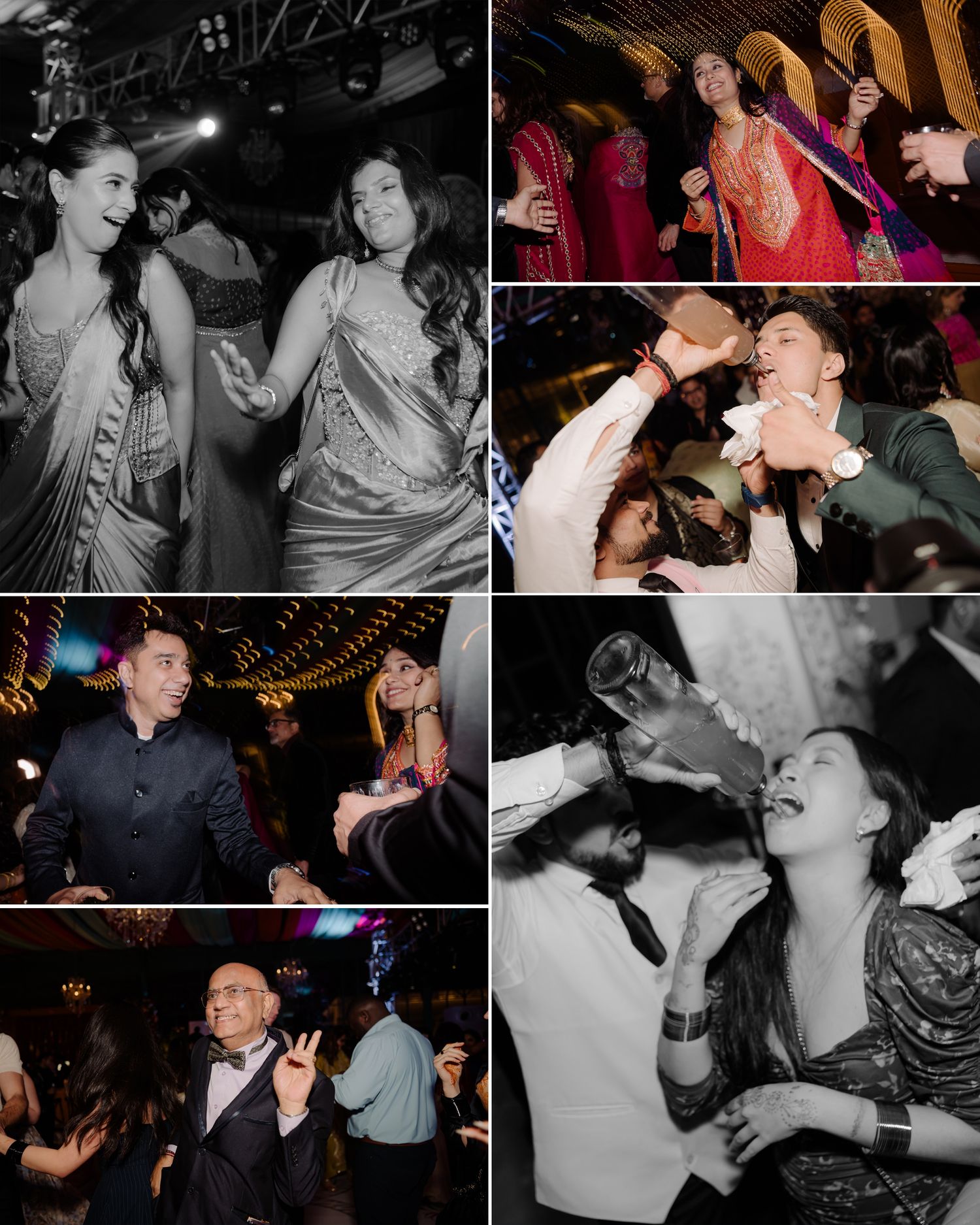 Guests dancing joyfully at an Indian wedding reception, captured in vibrant and black-and-white photography.