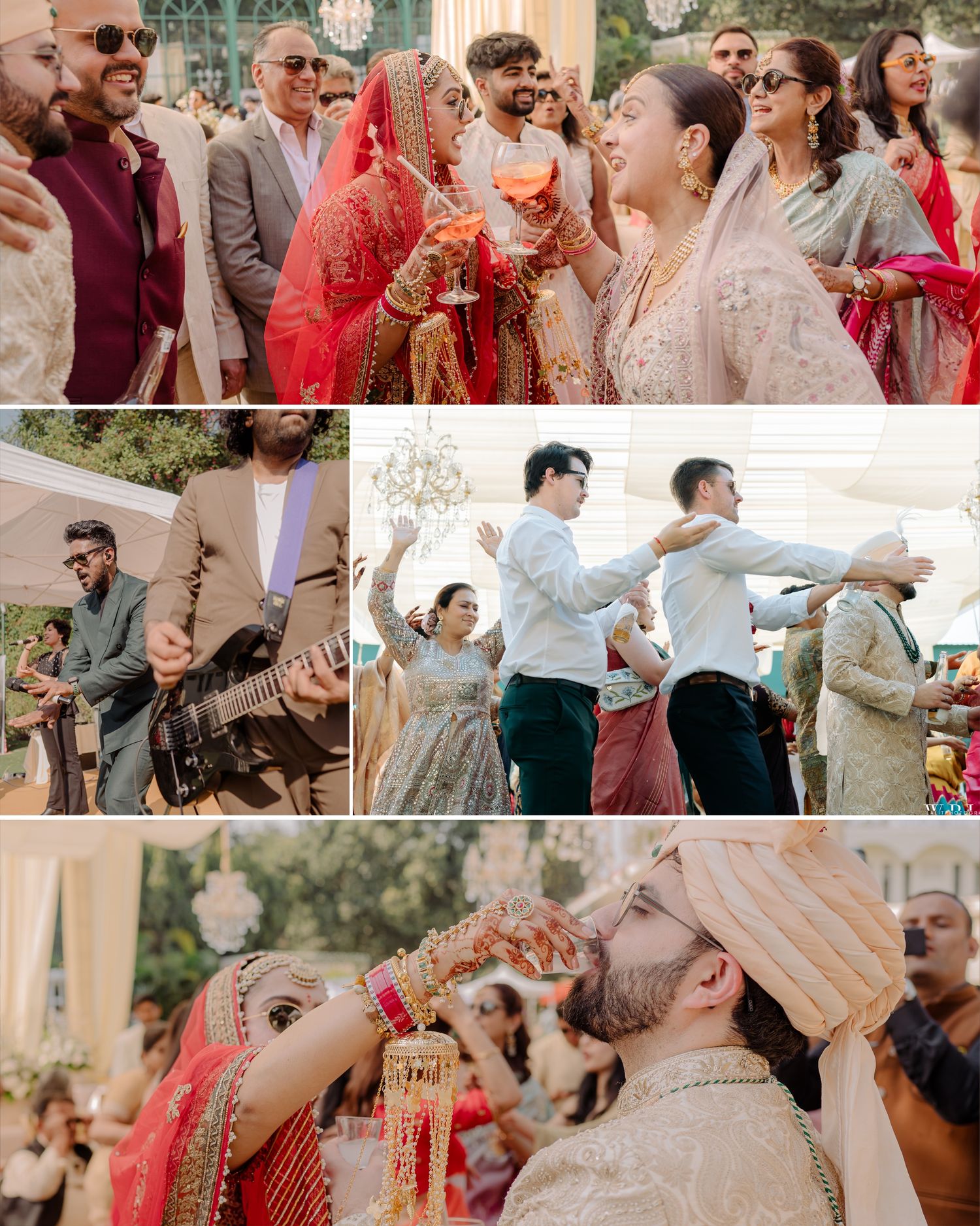 Joyful Indian wedding celebration with bride in red lehenga, live music, dancing guests, and groom in white sherwani and turban.