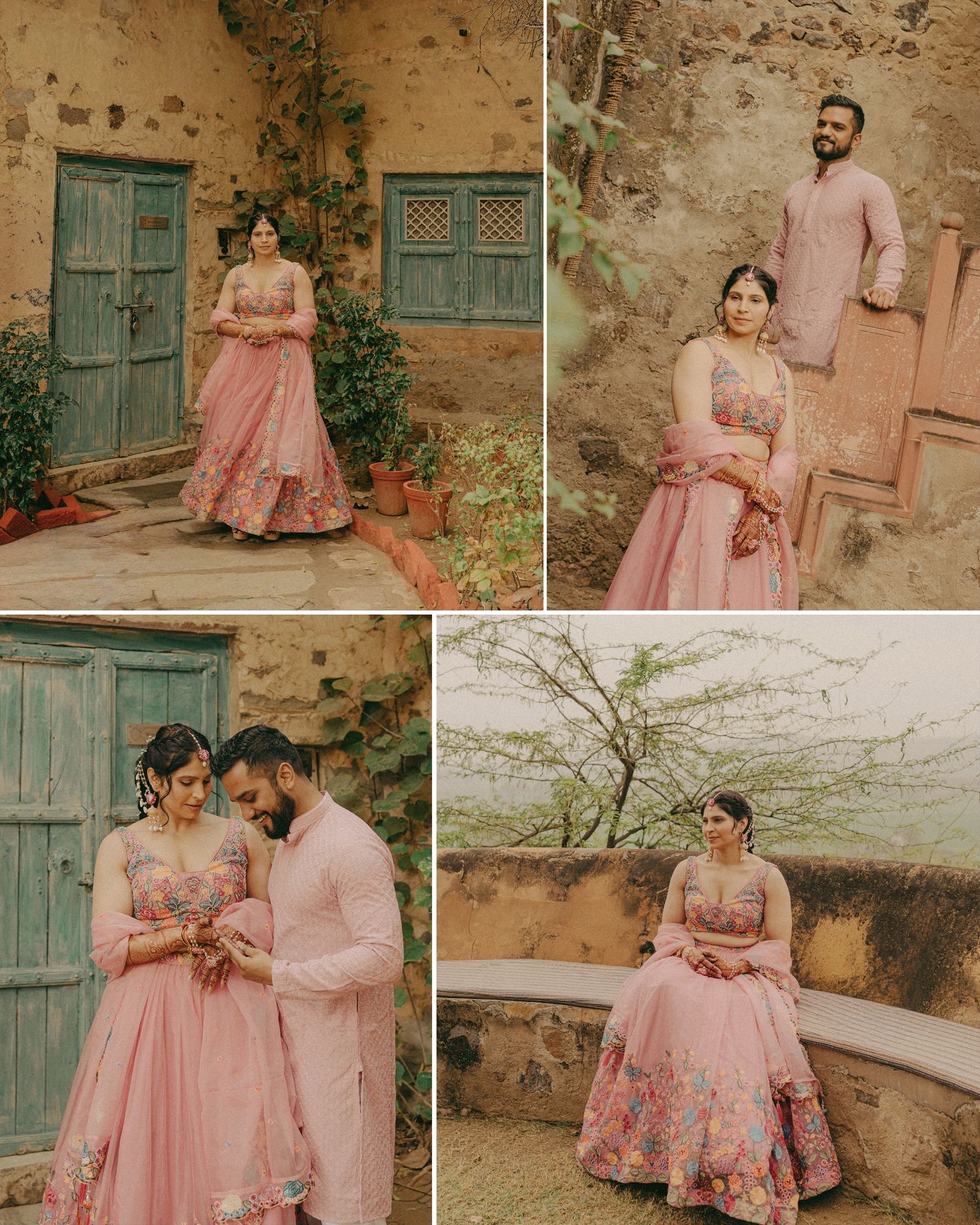 Couple in matching pink outfits posing at a rustic heritage location for a romantic pre-wedding photoshoot.