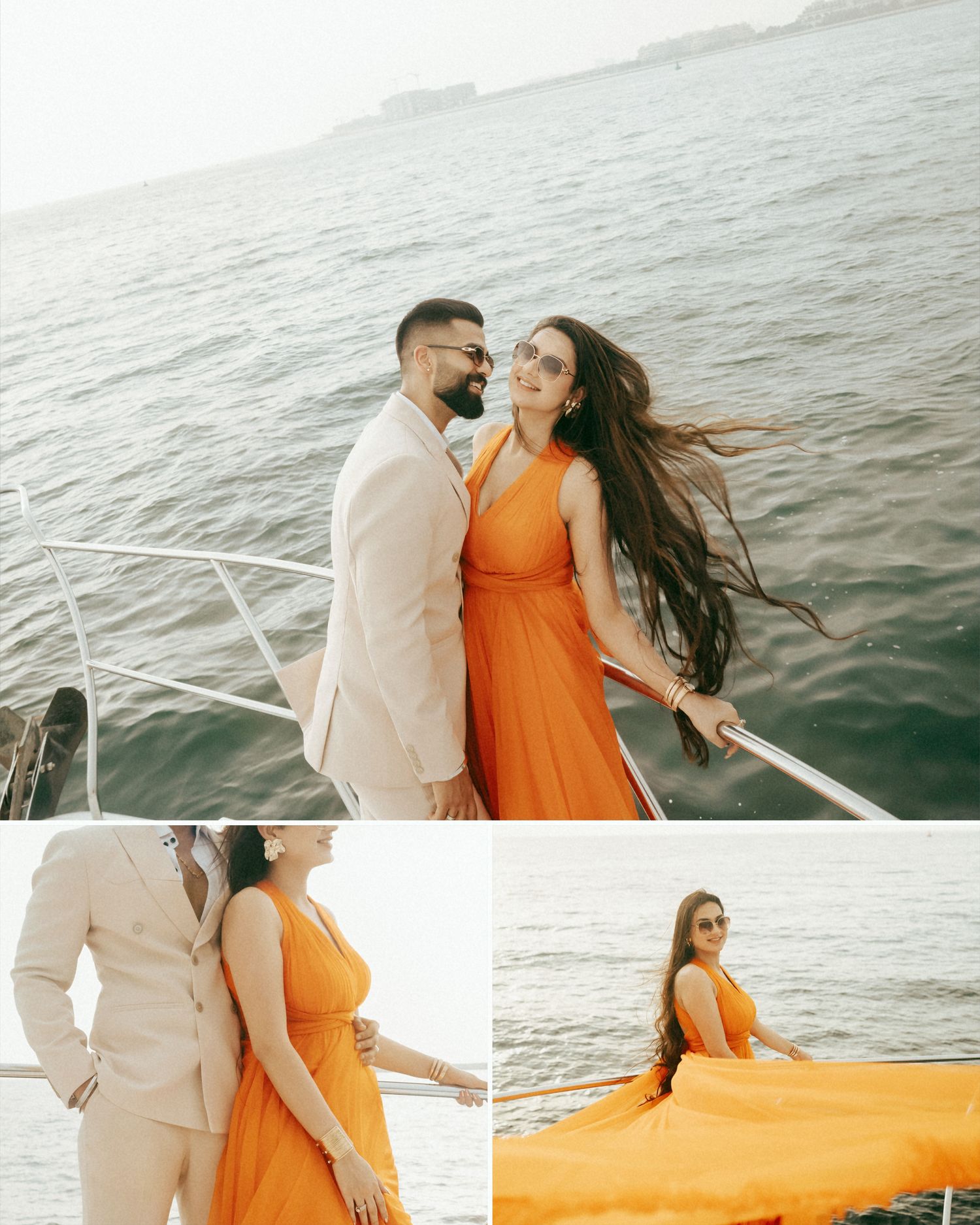 Couple in orange dress and beige suit posing romantically on a yacht with ocean backdrop in a collage.
