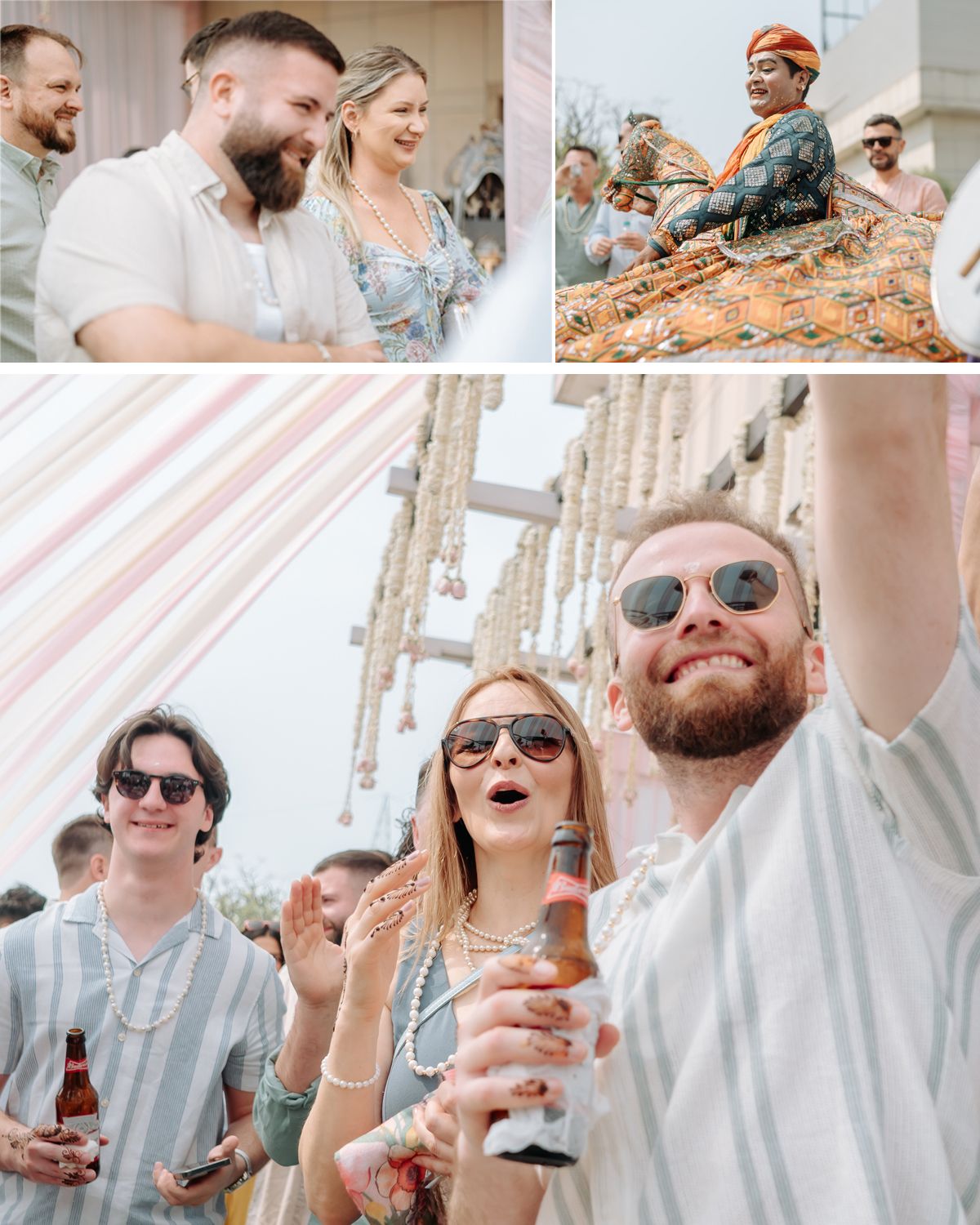 Candid shots of wedding guests celebrating and enjoying drinks at an outdoor reception.