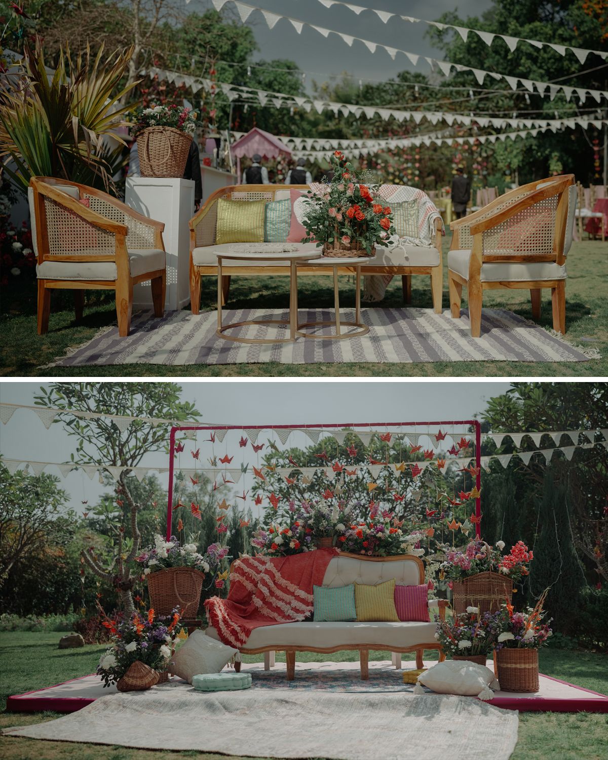A romantic outdoor garden venue decorated with white bunting flags and rustic wooden furniture for a cozy seating area.