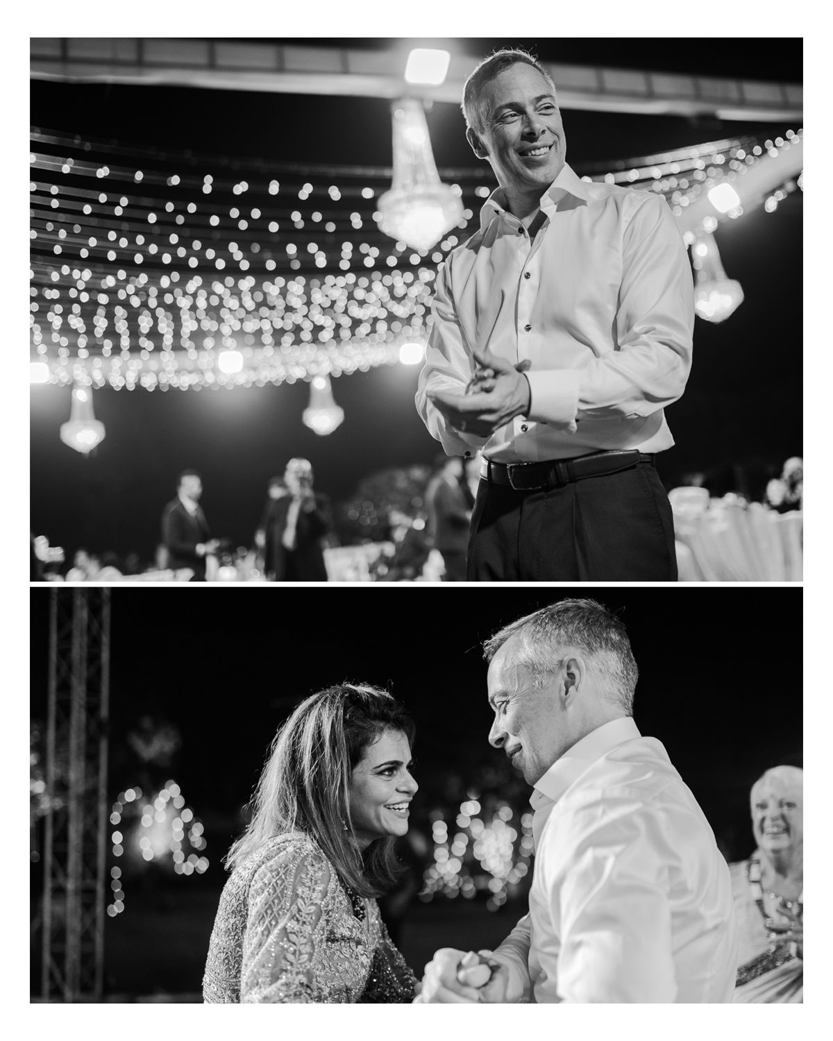 Black and white candid photos of a wedding reception showing joyful moments under string lights.