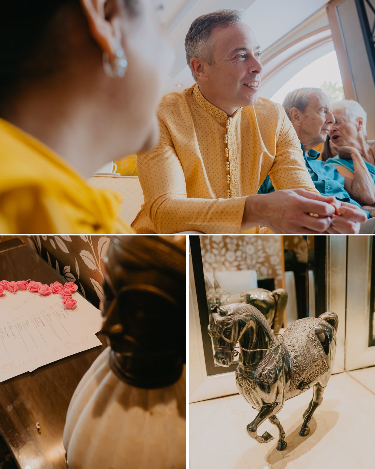Collage of wedding details including decorative horse statue and people in formal attire.