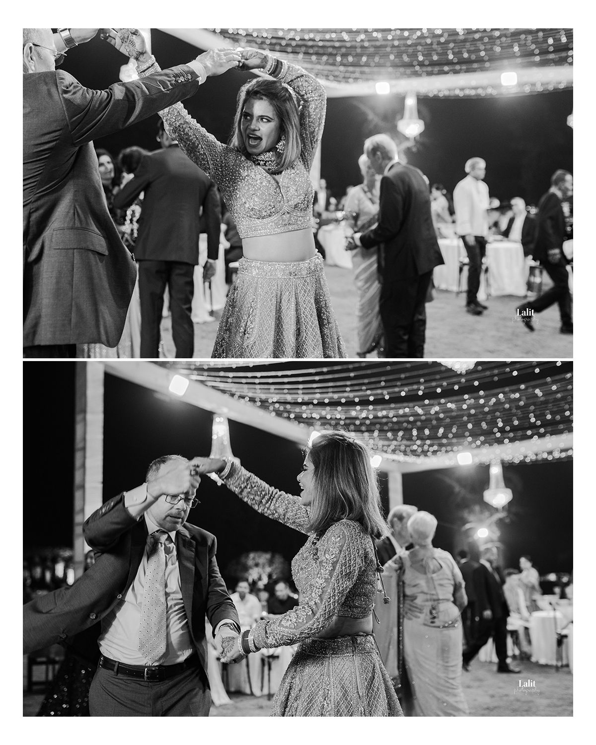 Joyful dancing at a reception under twinkling string lights in black and white photography.