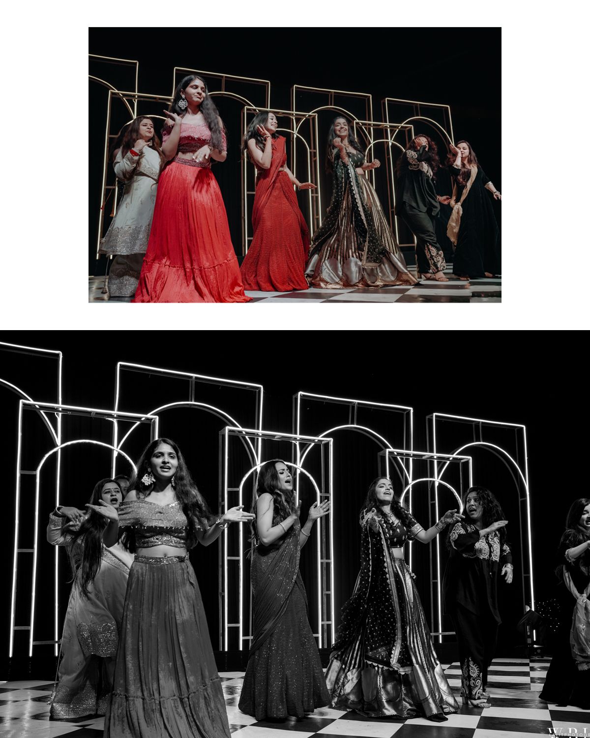 Models in elegant gowns pose on stage with white geometric shapes in both color and black and white versions.