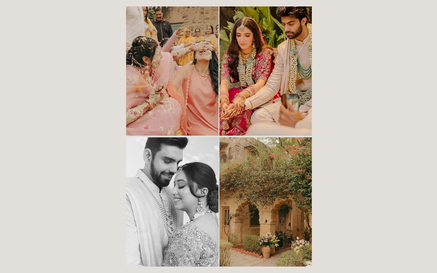 A collage of South Asian wedding photos featuring a couple in traditional attire during their ceremony and an intimate embrace.