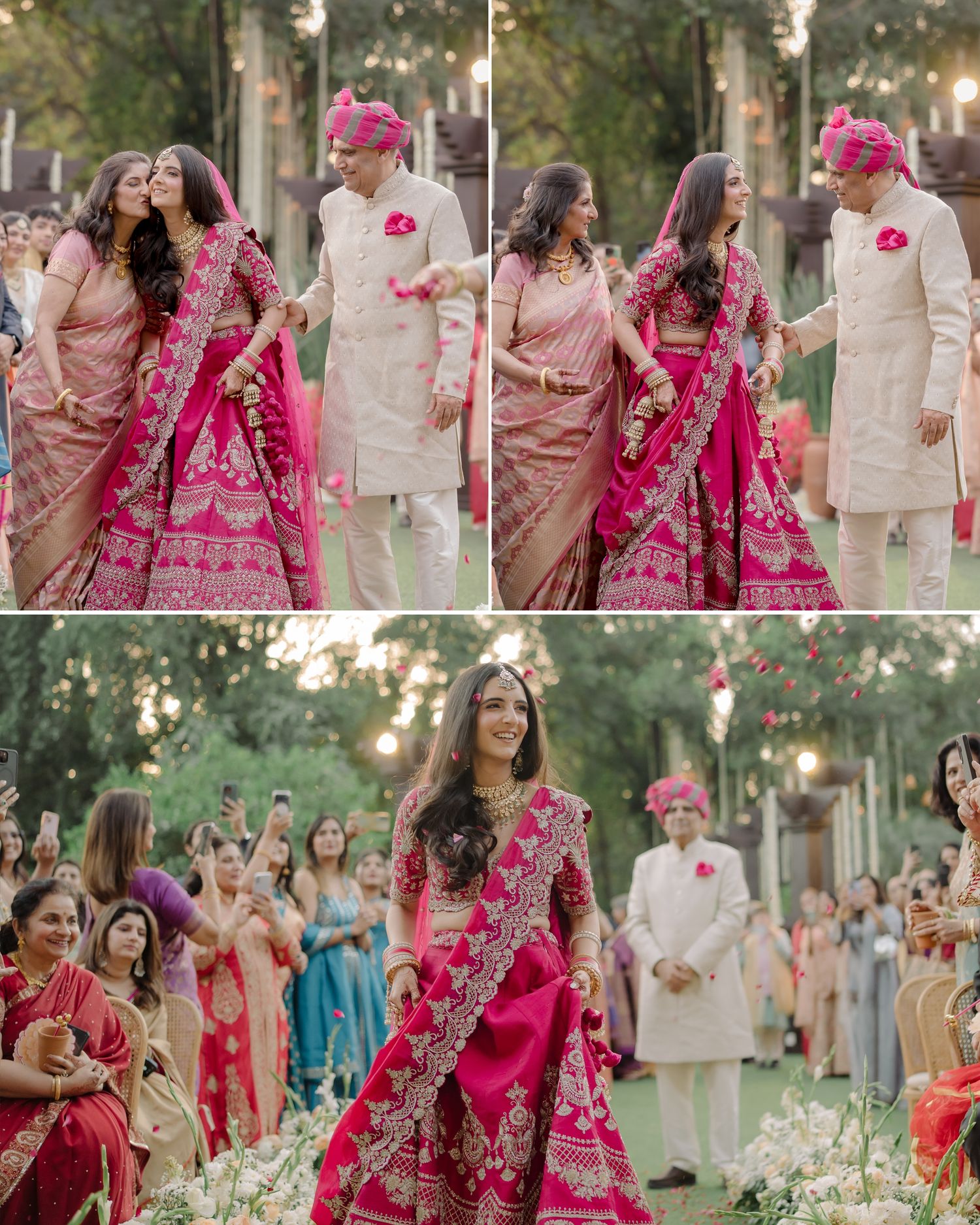 Bride in vibrant pink lehenga walks with groom in white sherwani at traditional Indian wedding ceremony outdoors.