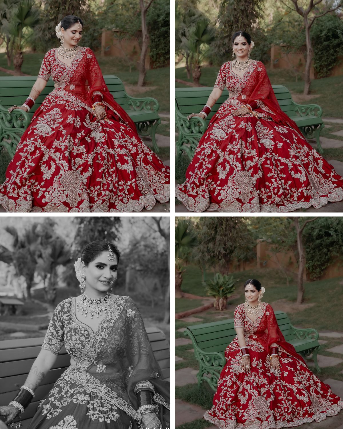 Four-panel portrait series showcasing a bride in a stunning red embroidered lehenga.