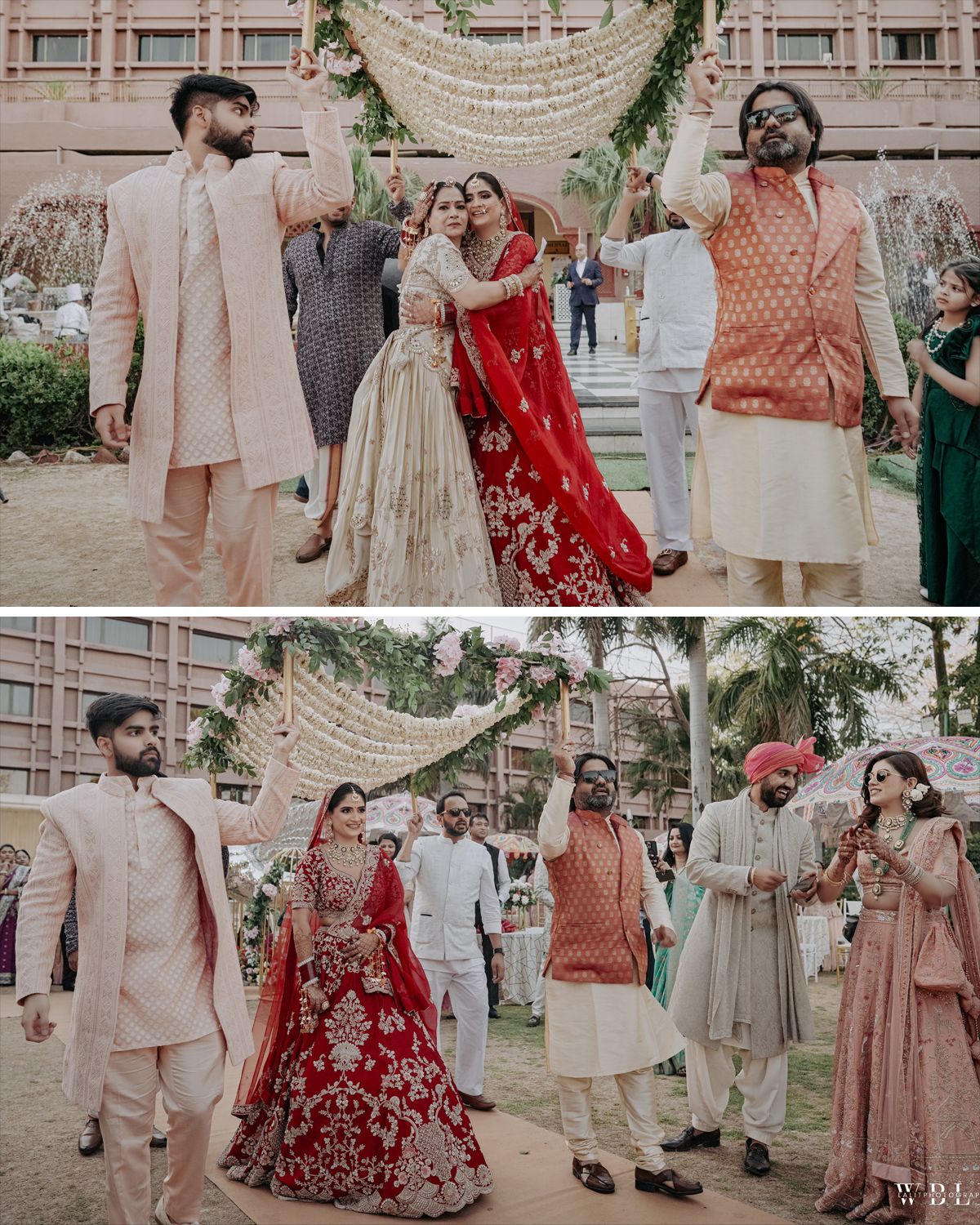 Wedding party celebrates outdoors under decorated archway with traditional Indian outfits and decor.