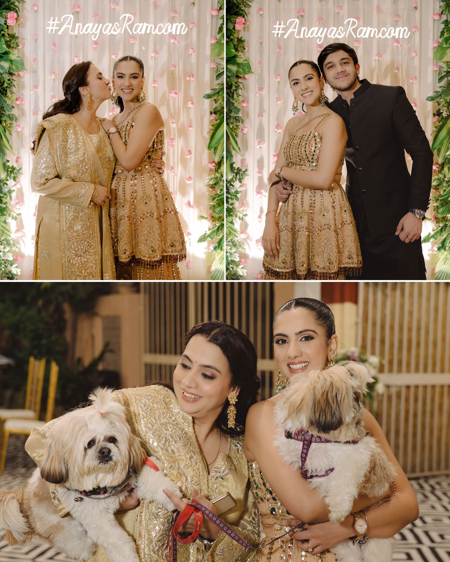 Two women in gold outfits pose at a wedding event, later joined by a man and two small dogs at AnayasRam.com.