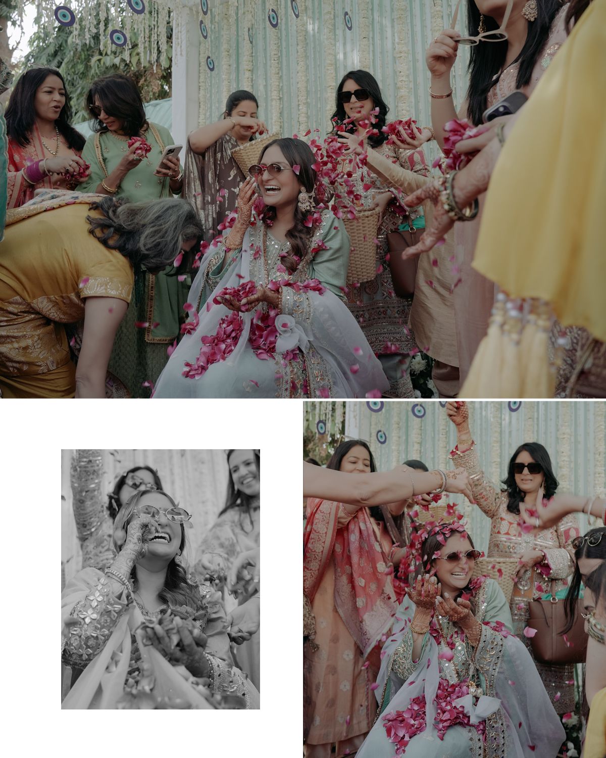 Wedding celebration with friends showering bride in rose petals during festive gathering.