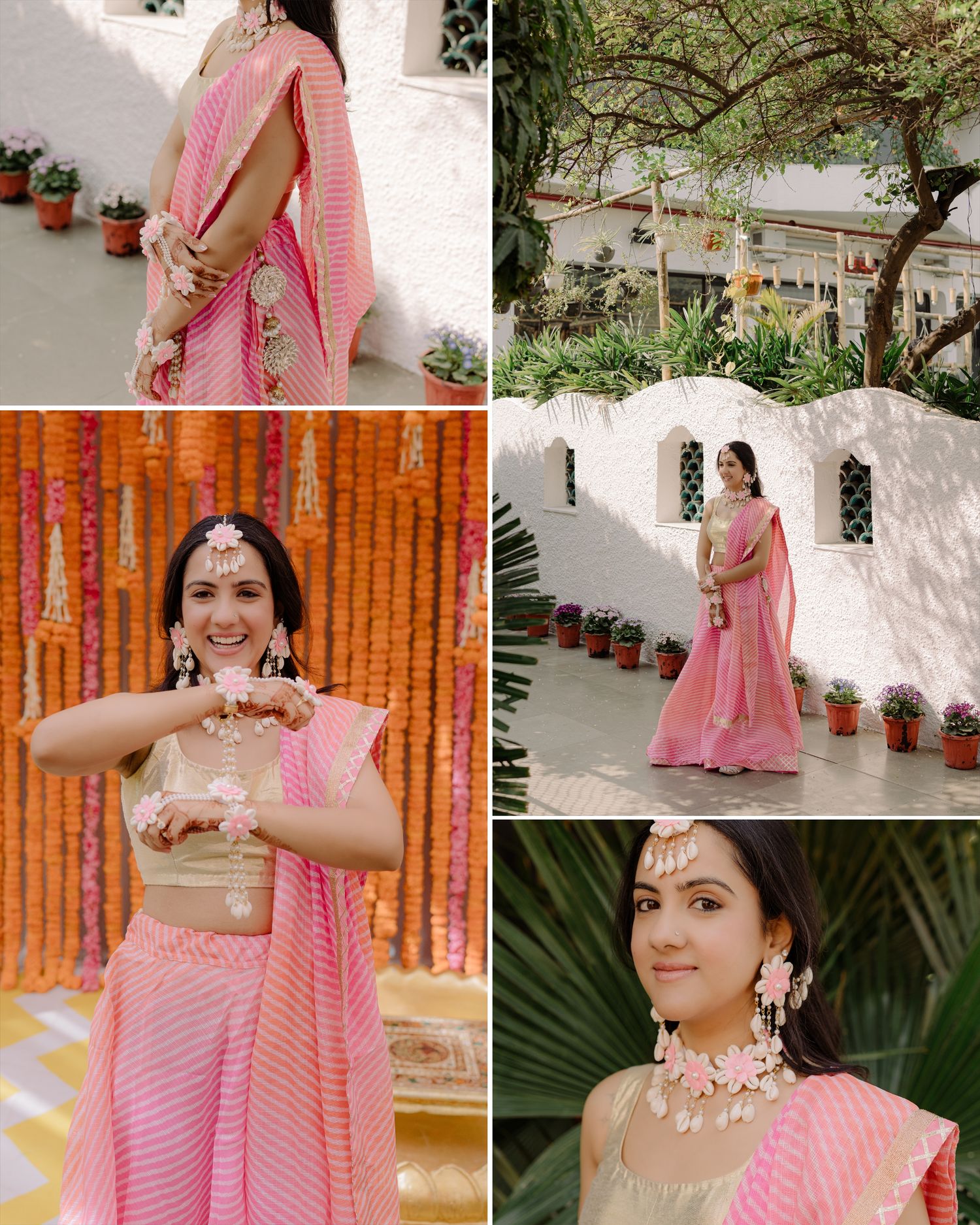 Young woman in pink lehenga with gold jewelry poses at Indian wedding venue decorated with marigold garlands.