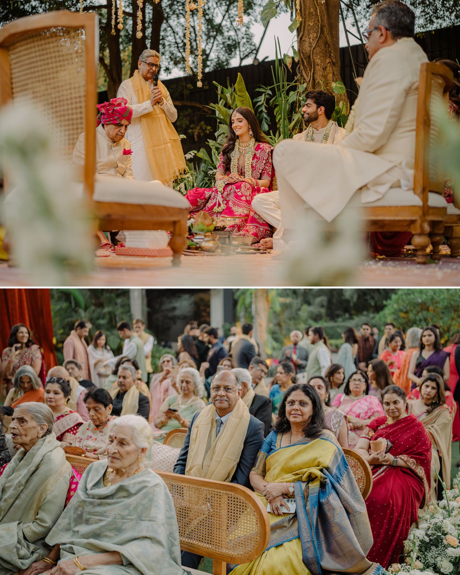 Indian wedding ceremony with bride in red lehenga and groom in cream sherwani seated at mandap with guests watching.
