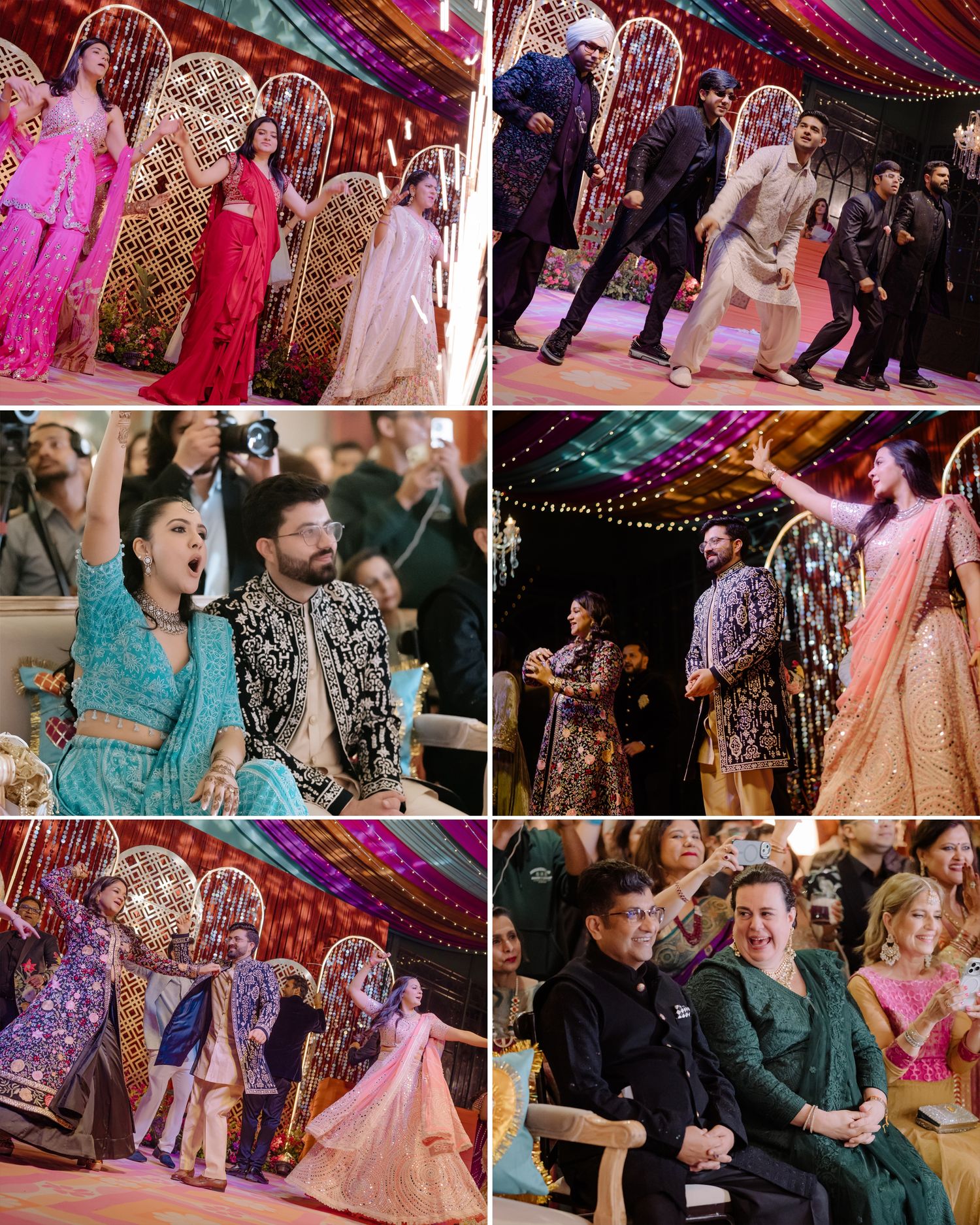 Colorful Indian wedding ceremony with bride and groom seated while guests perform on an ornate decorated stage.