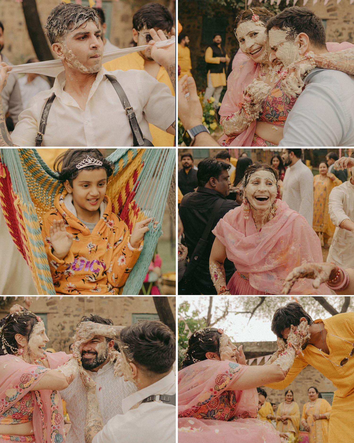 Joyful Indian wedding celebration collage featuring haldi ceremony moments with guests laughing, dancing, and applying turmeric paste.