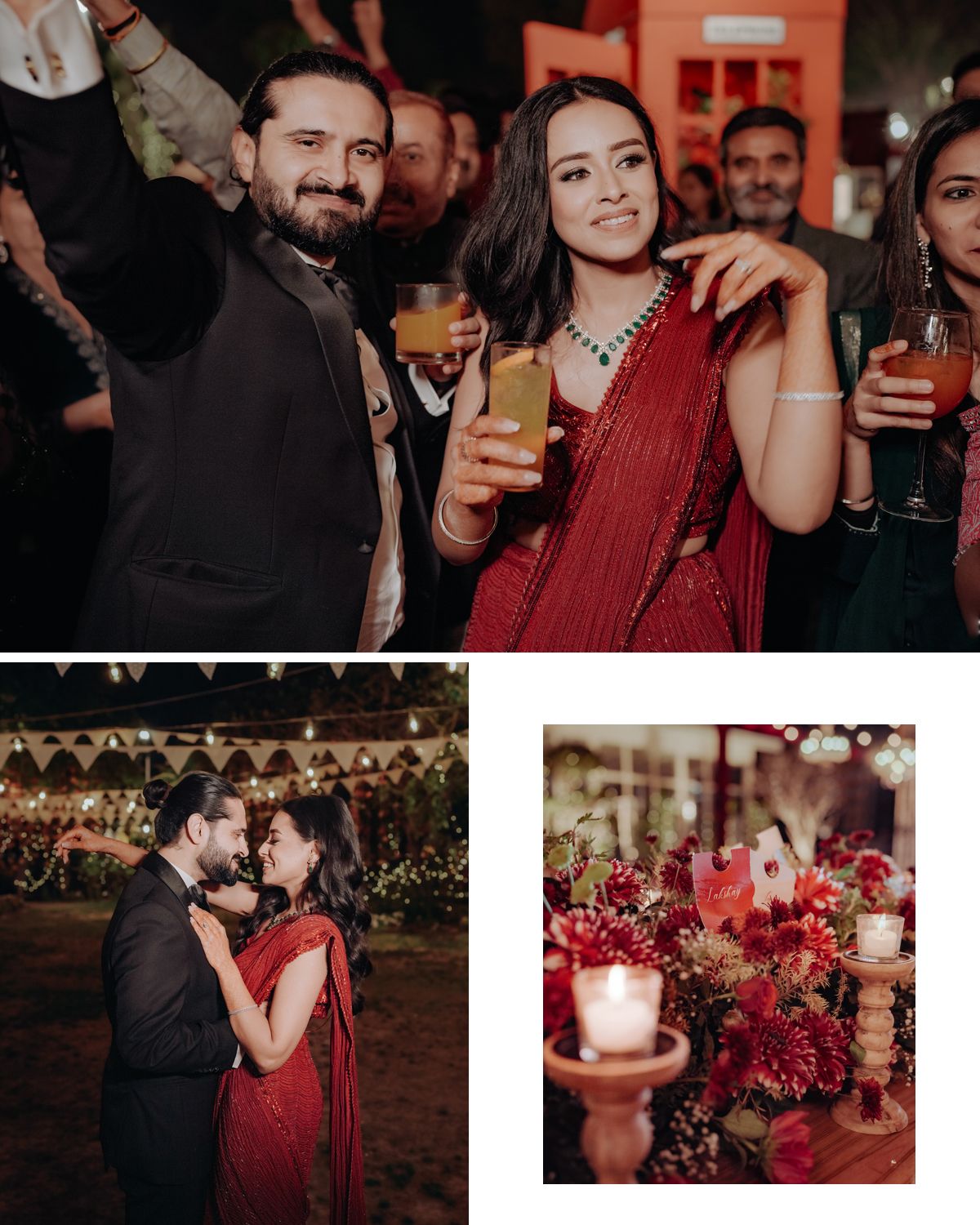 Collage of wedding celebration moments featuring red decor, candlelight, and festive party scenes with guests.