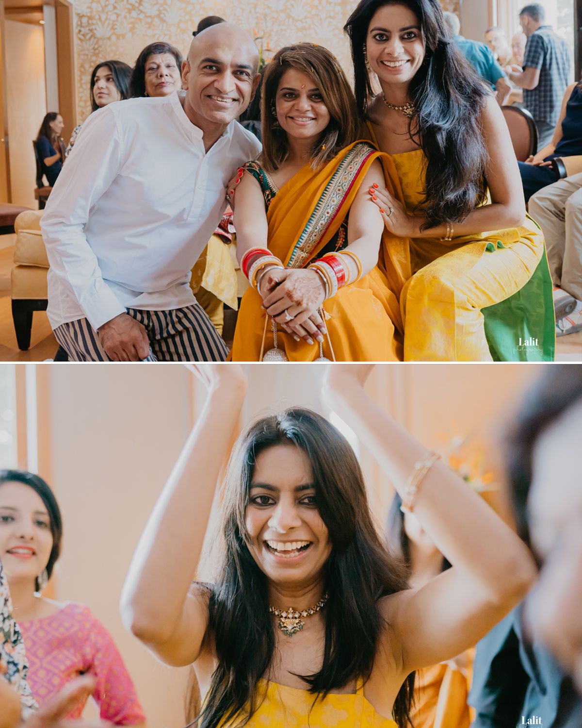Guests in colorful traditional Indian attire celebrating at a cultural event.