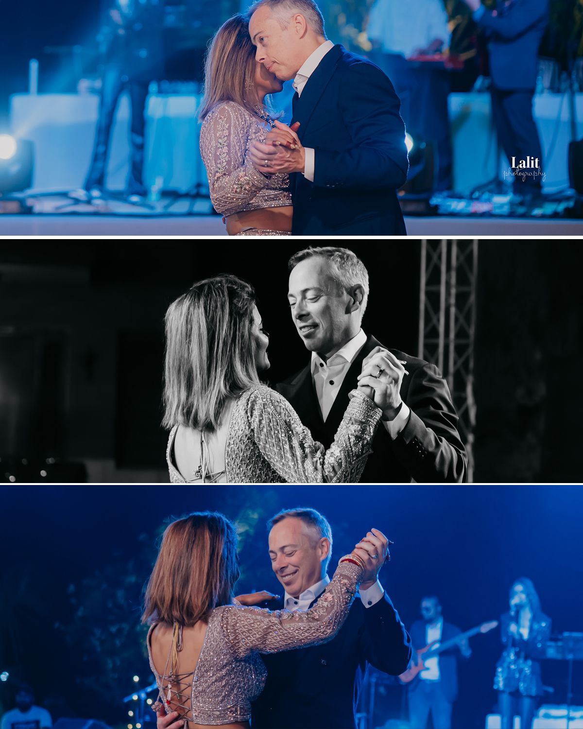 Three romantic dance moments captured during an evening celebration with blue lighting.