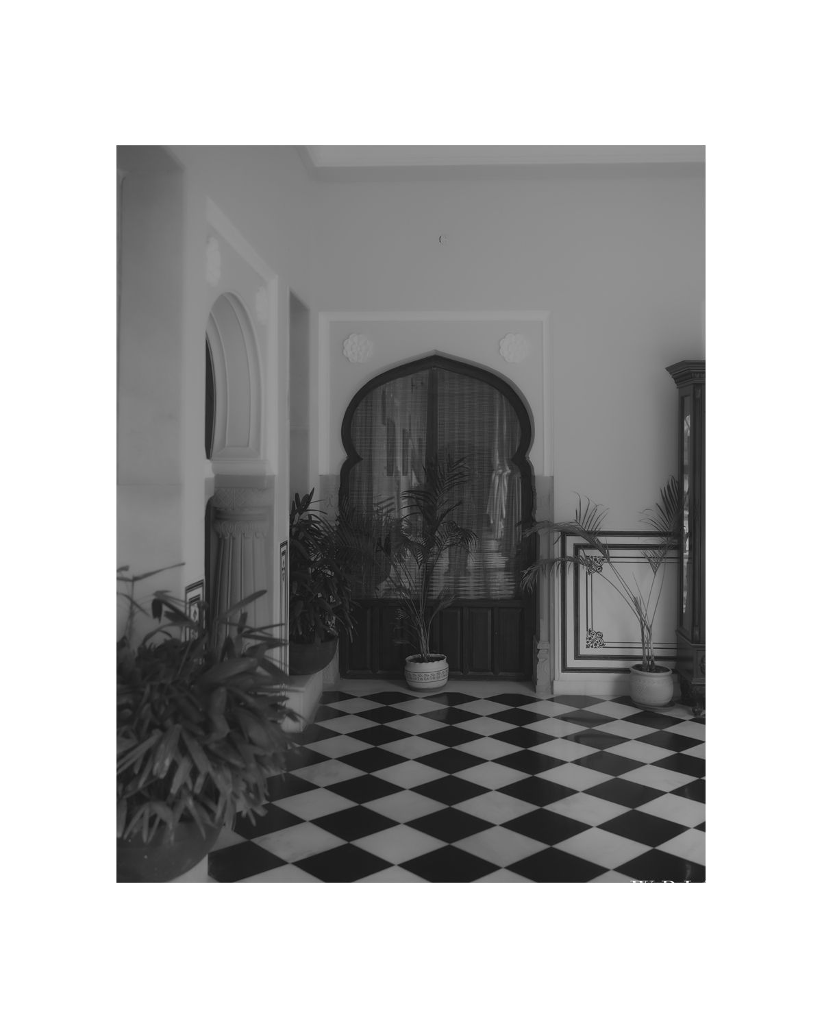 Elegant interior hallway with black and white checkered floor, arched doorways, and decorative plants.