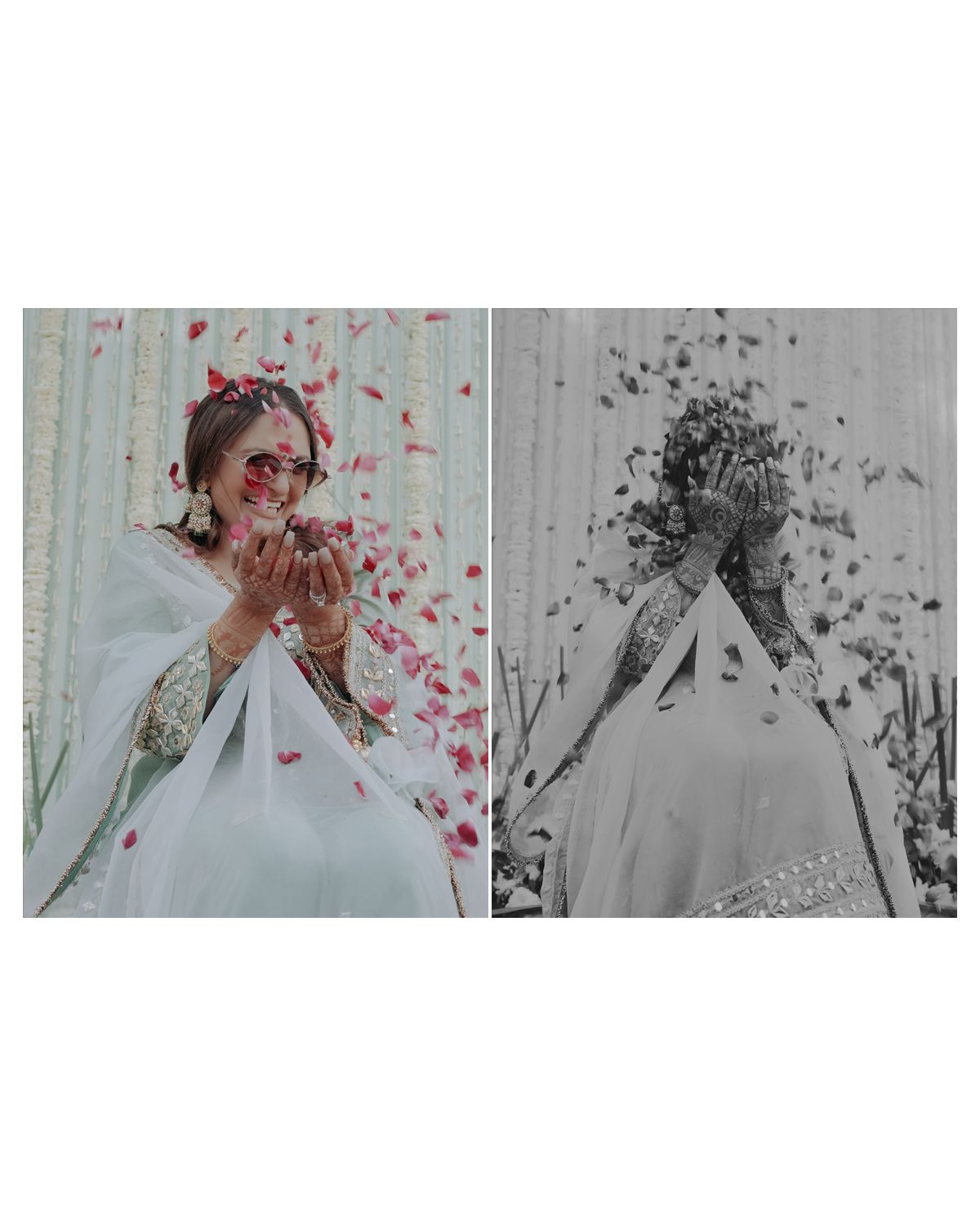 Joyful bride in white dress and sunglasses celebrates with rose petals in color and black and white photos.