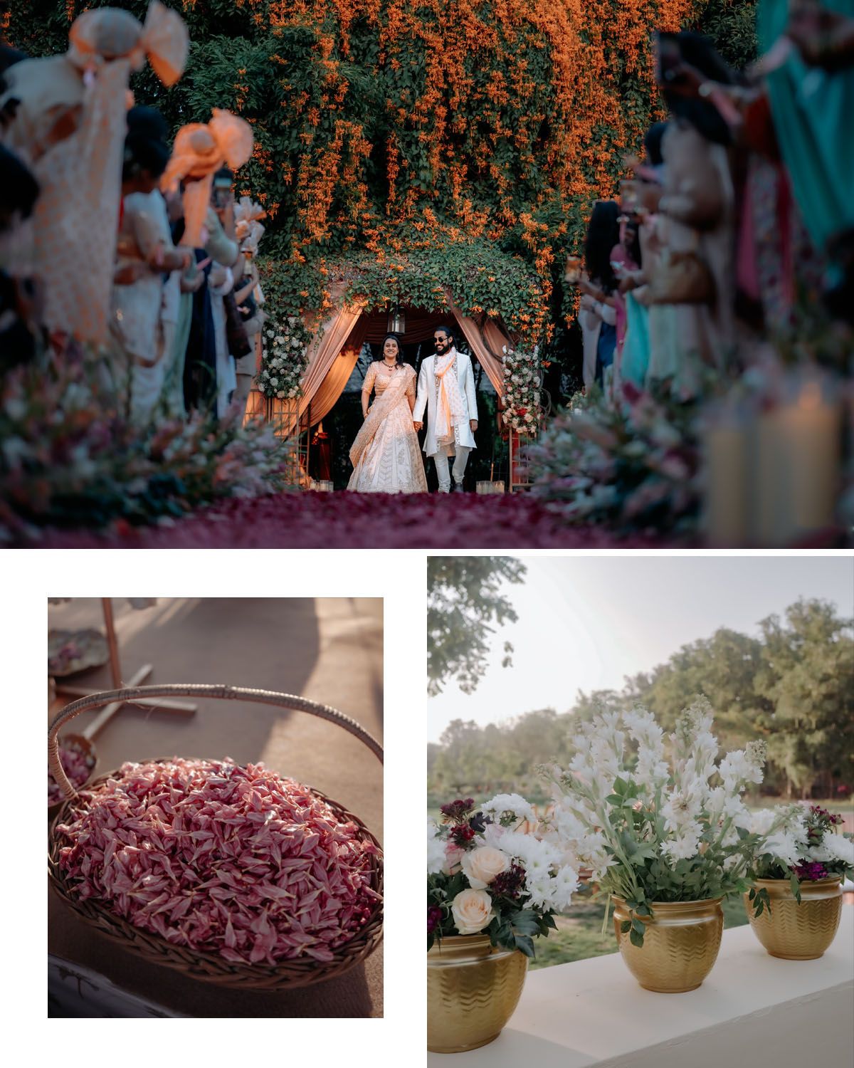 Wedding celebration photos with floral archway and decorative reception details.