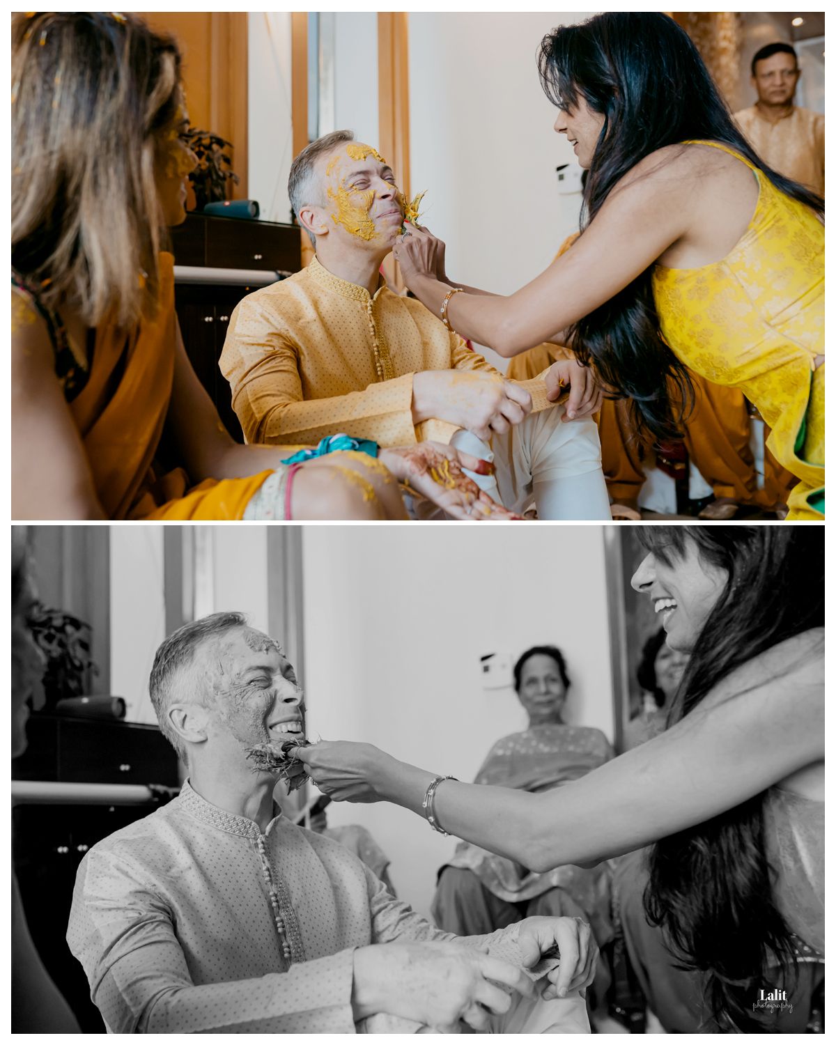 Color and black-and-white photos showing traditional Haldi ceremony moments.