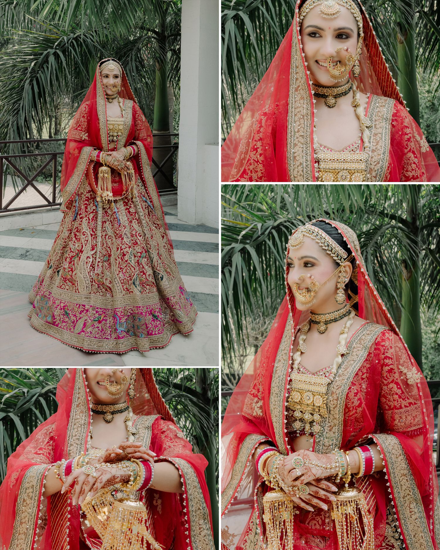 Indian bride in red and gold embroidered lehenga with dupatta and traditional jewelry poses outdoors.