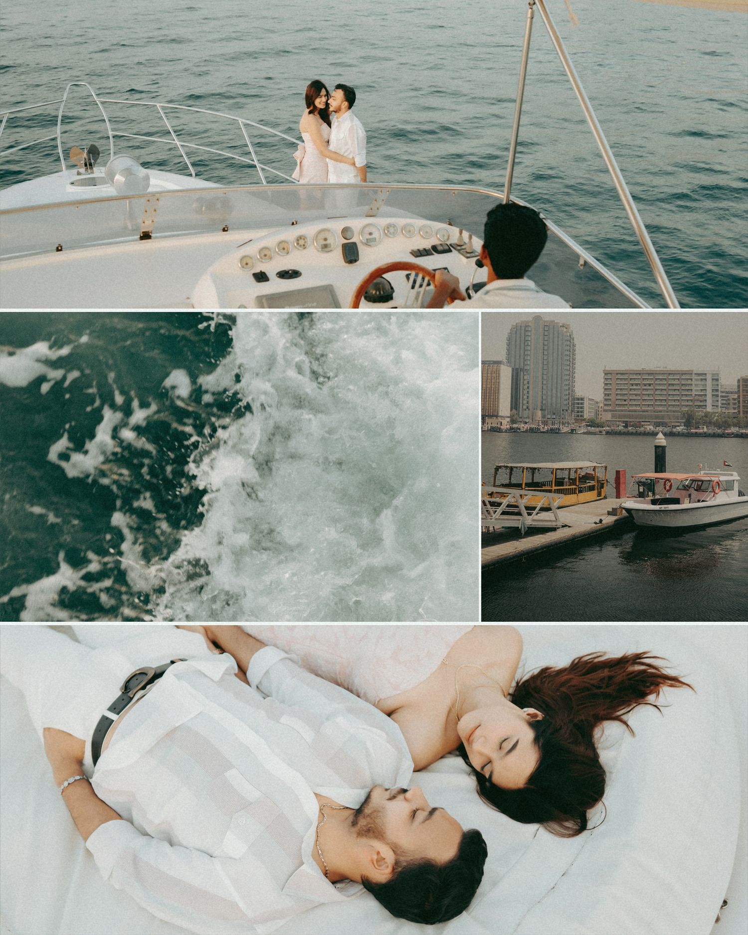 Romantic couple in white outfits on a luxury yacht, with ocean waves and city skyline views in a collage.