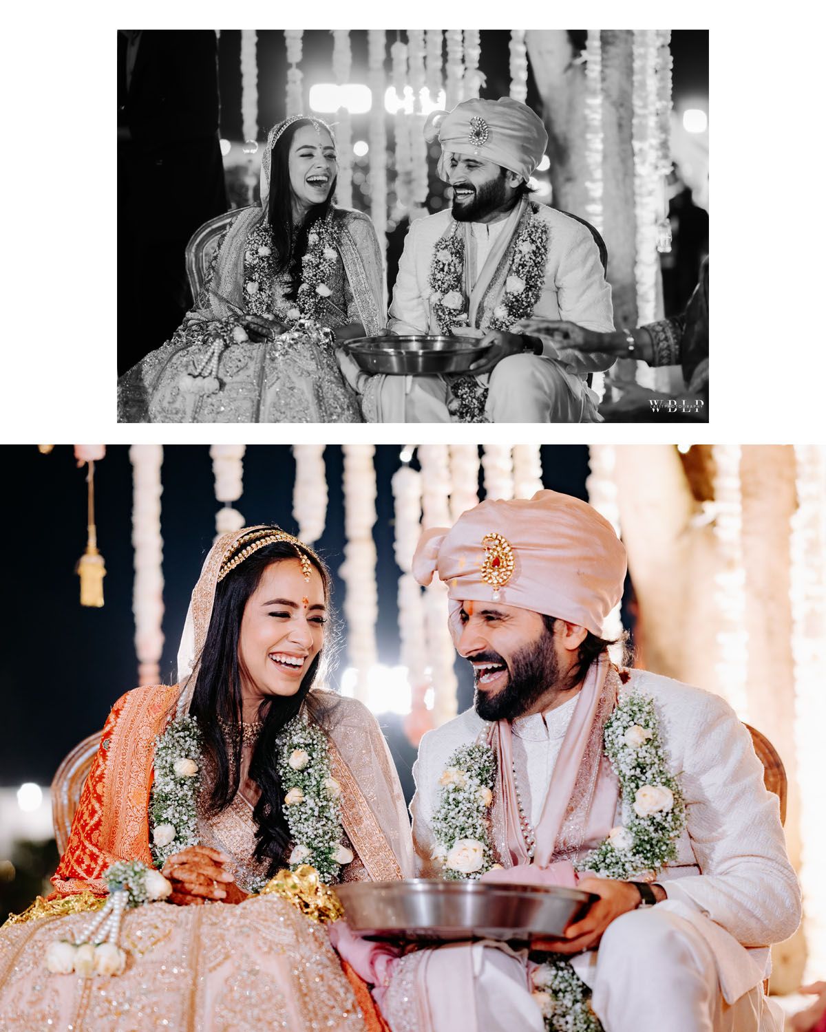 Two Indian wedding moments showing a happy couple in traditional attire with garlands during their marriage celebration.