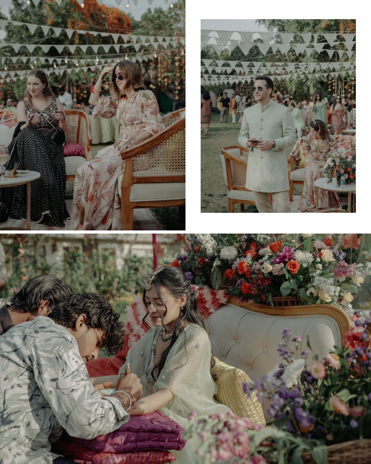 Outdoor garden party setup with bunting decorations, vintage furniture and floral arrangements creating a romantic atmosphere.