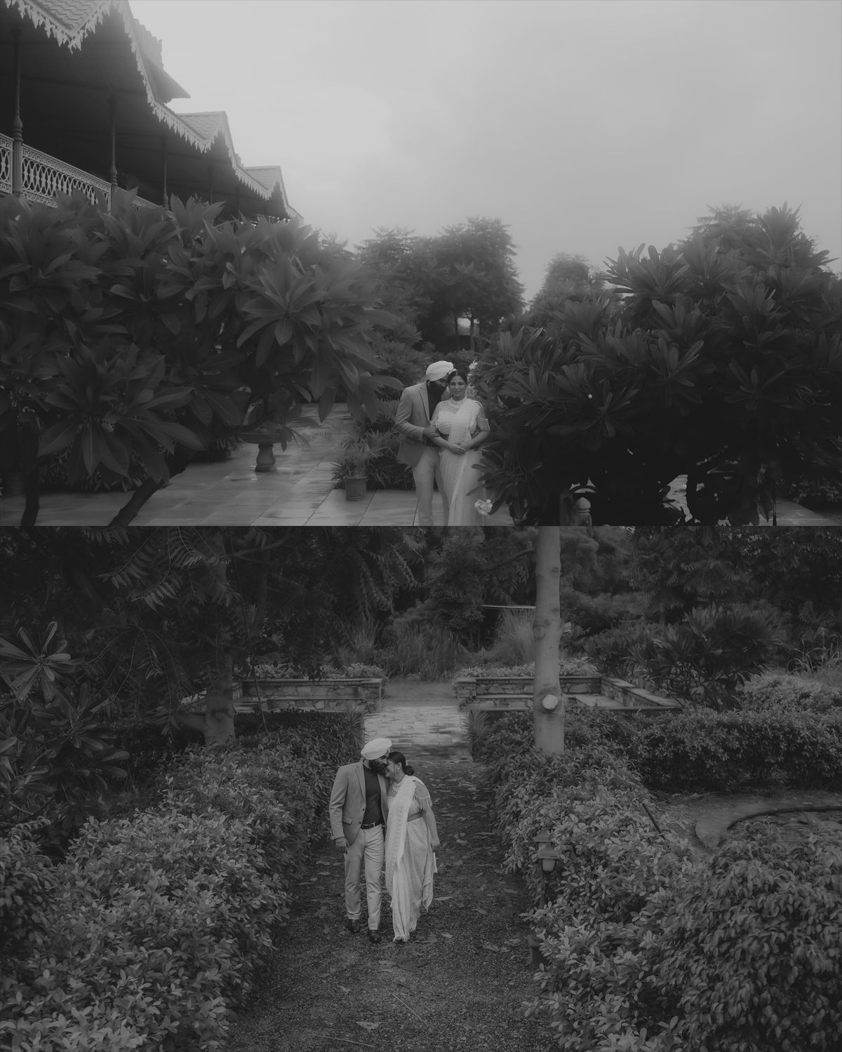 Romantic black and white photo of a couple walking through a terraced garden path.