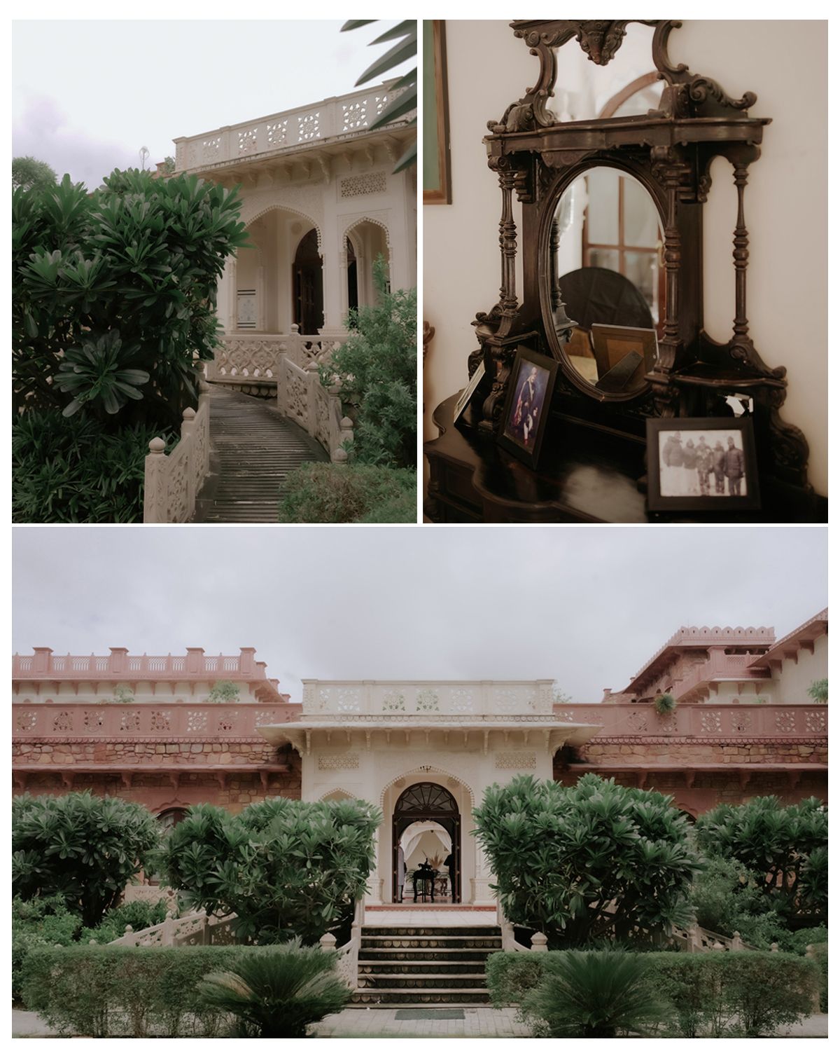 Collection of architectural views showing arched entrances and vintage furniture in a heritage building.