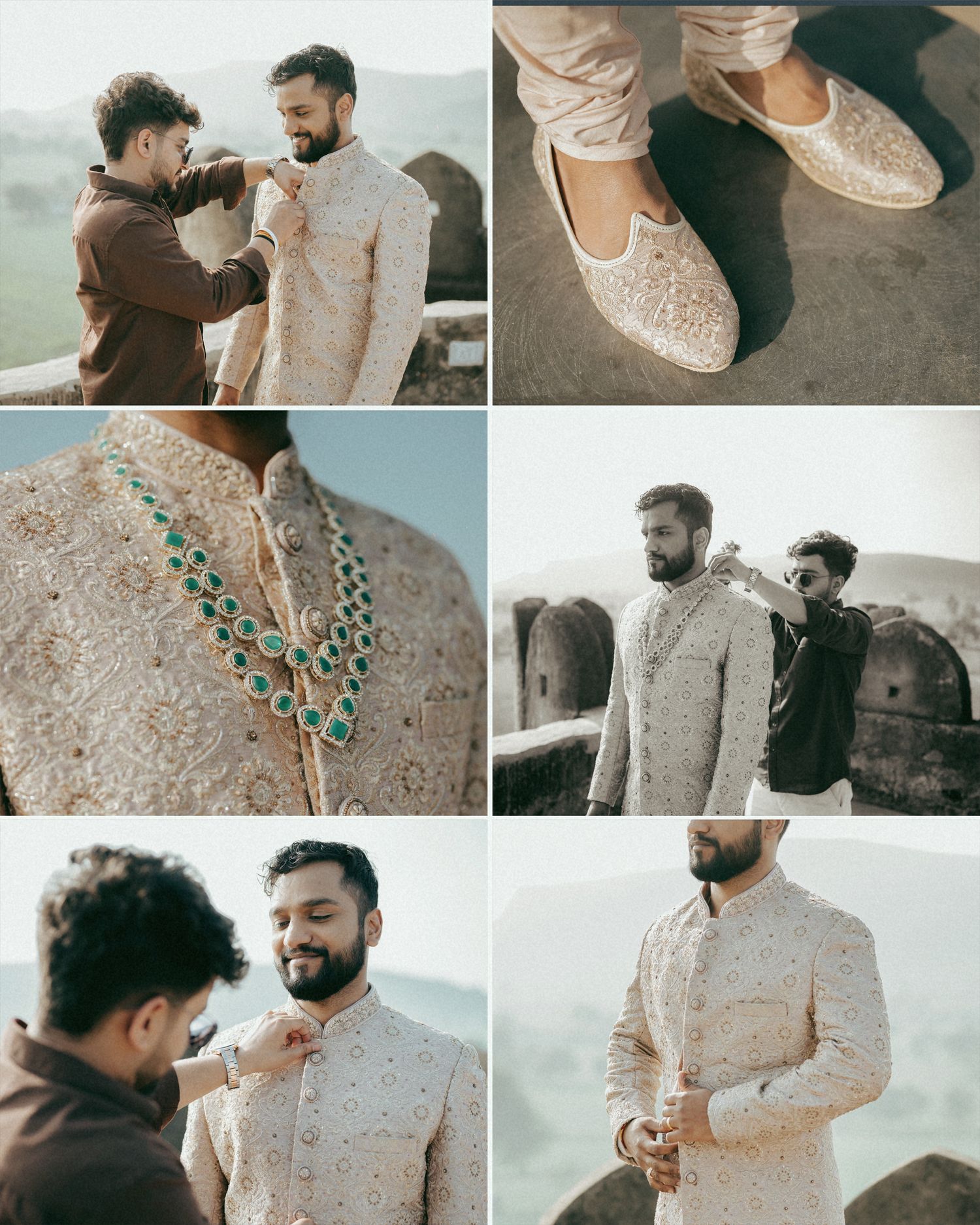 Indian groom in embroidered sherwani being dressed by groomsman, with details of embellished shoes and emerald necklace.