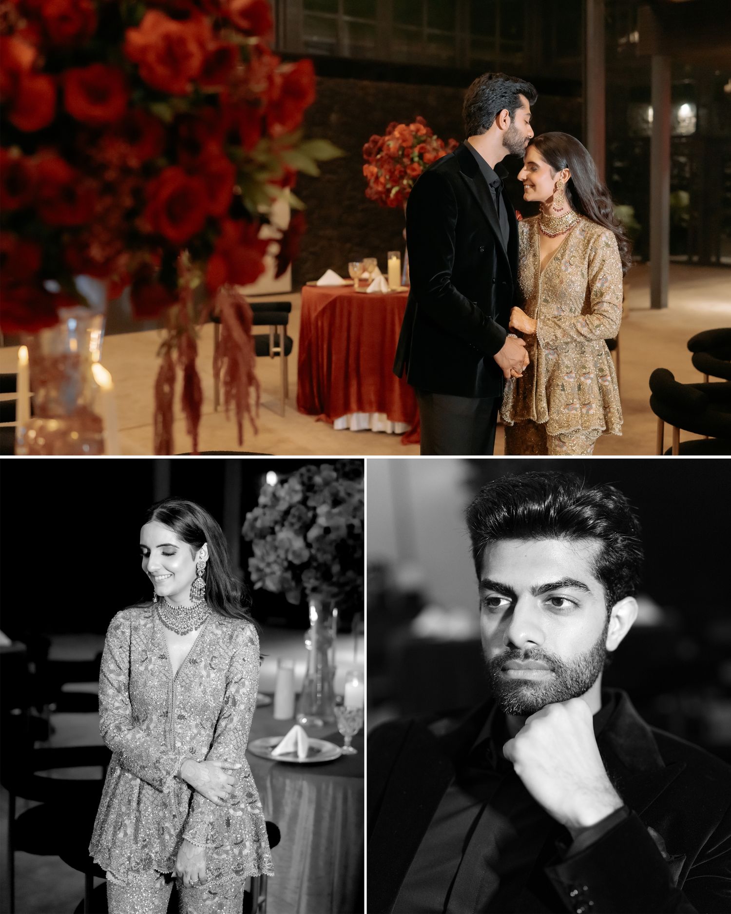 Elegant couple in traditional South Asian attire at a romantic red floral event, with black and white portraits below.