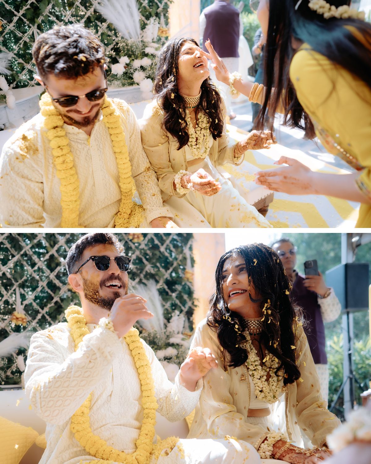Joyful candid moments from outdoor celebration with guests in traditional cream and yellow attire.