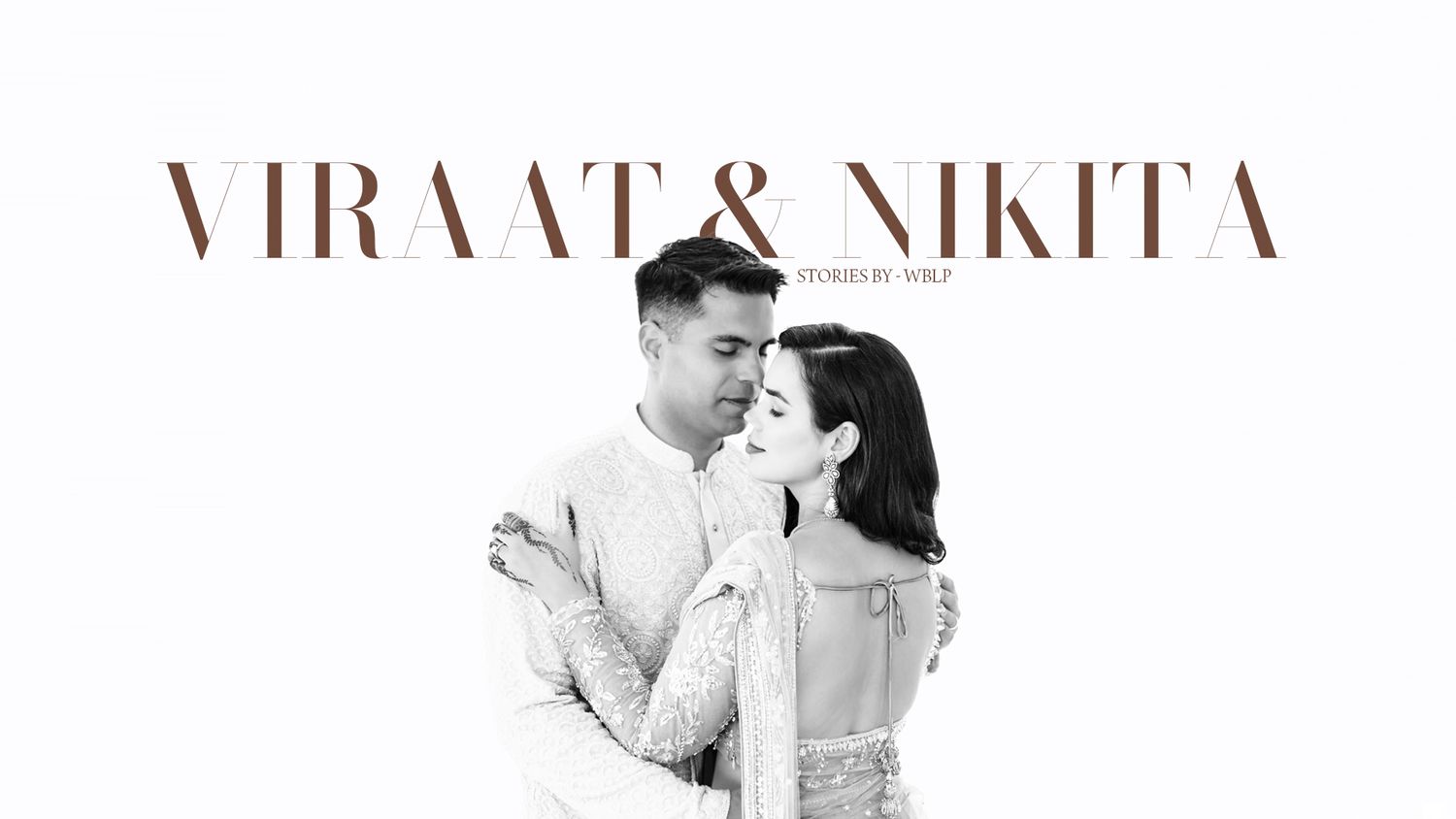 Artistic black and white wedding portrait with delicate typography overlay.