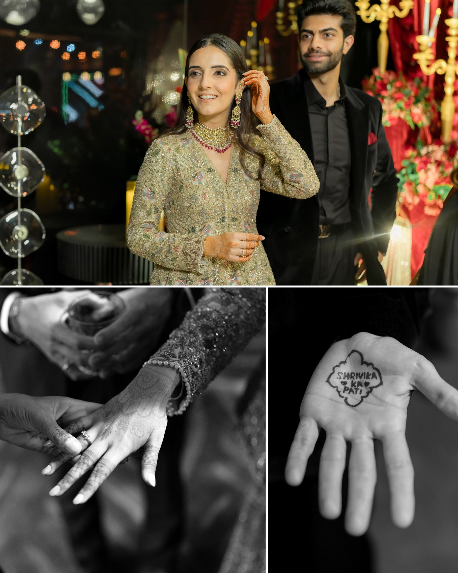 South Asian couple at wedding event, woman in gold embroidered lehenga with mehndi hands holding rings in black and white.