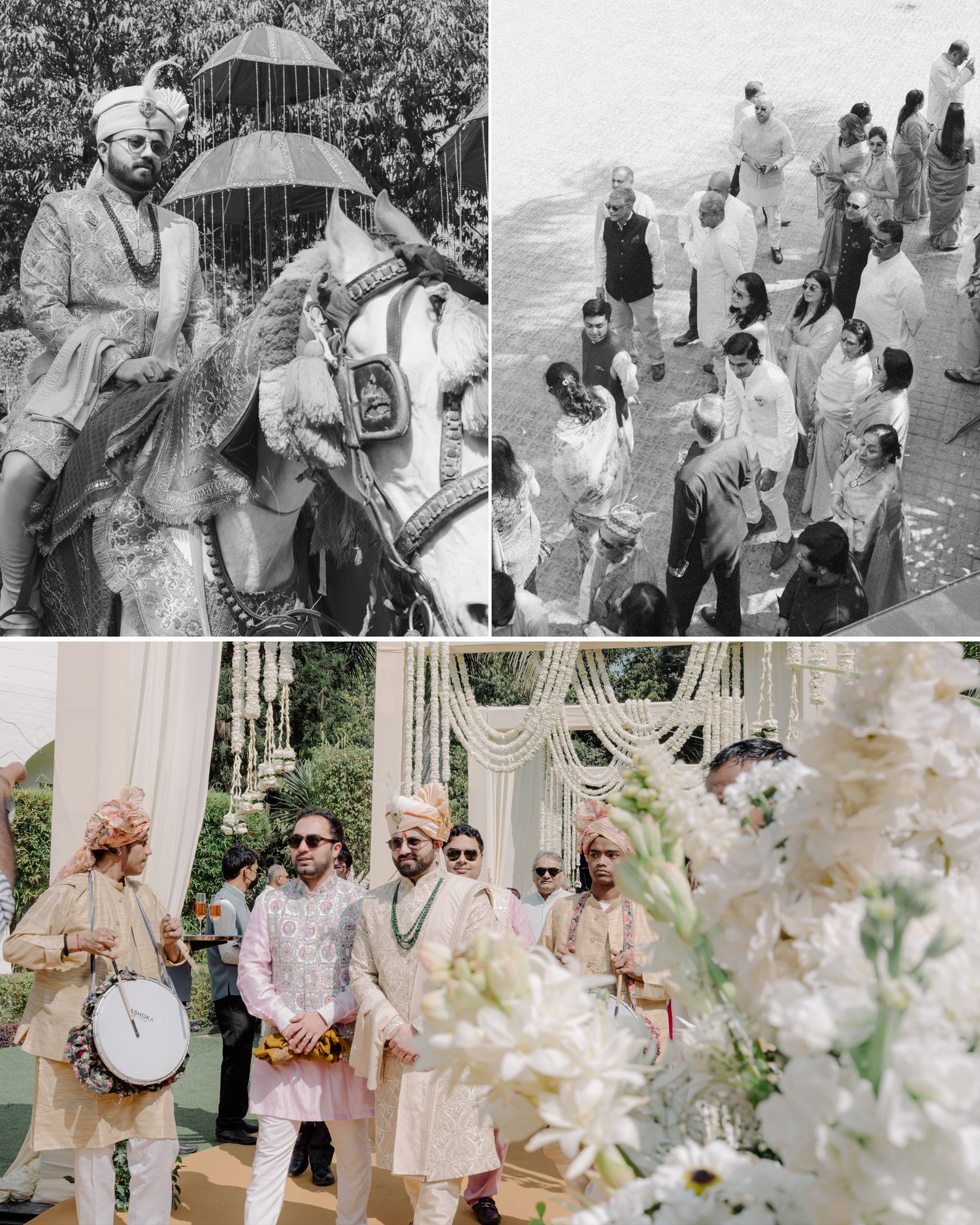 Traditional Indian wedding baraat ceremony with groom on elephant, guests in white attire, and men in pink sherwanis at floral mandap.