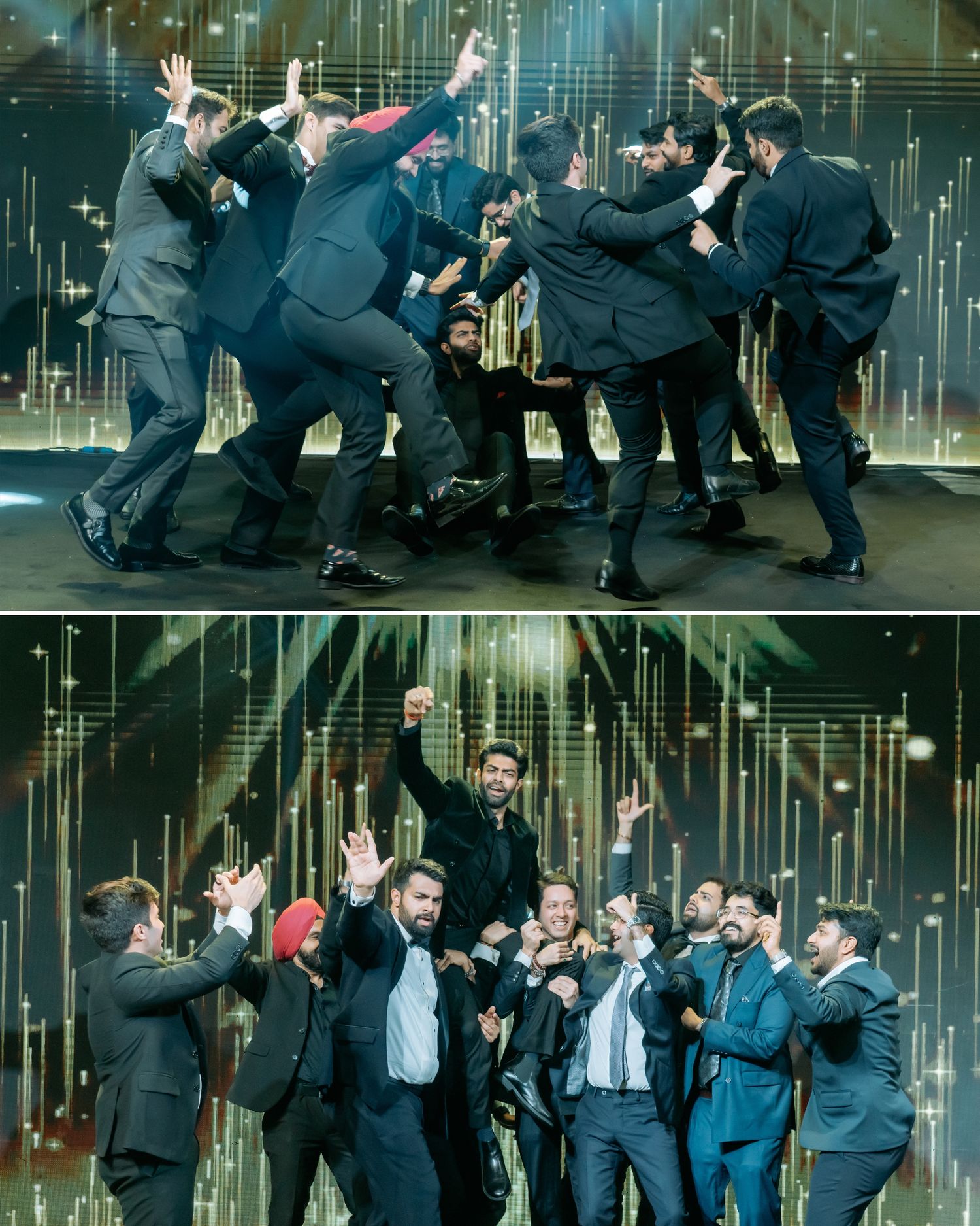 Group of men in suits celebrating on a glittering stage, jumping and cheering together in two joyful moments.
