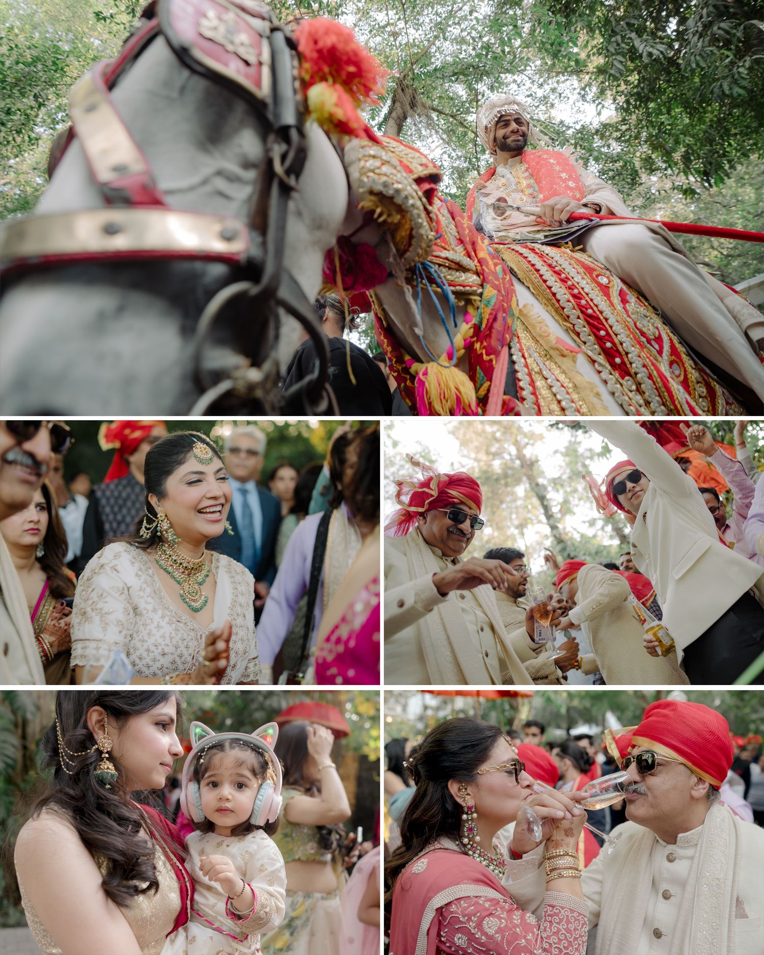 Colorful Indian wedding baraat ceremony with groom on decorated horse, bride in gold jewelry, and guests celebrating outdoors.