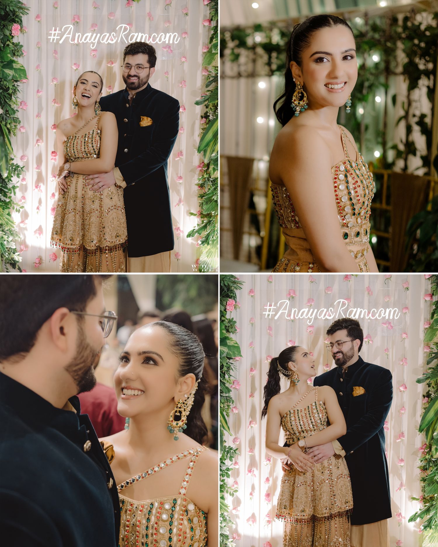 Couple in elegant Indian wedding attire posing at a floral backdrop with #AnayasRam.com hashtag displayed.
