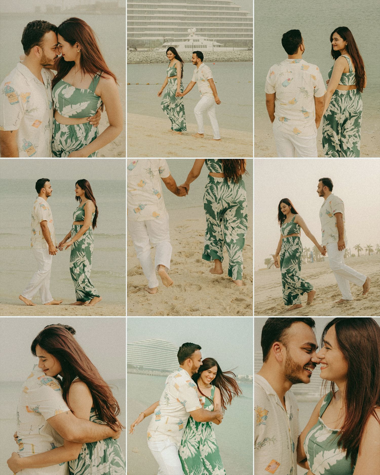Couple in matching tropical outfits sharing romantic moments on a sandy beach, holding hands and embracing near the ocean.