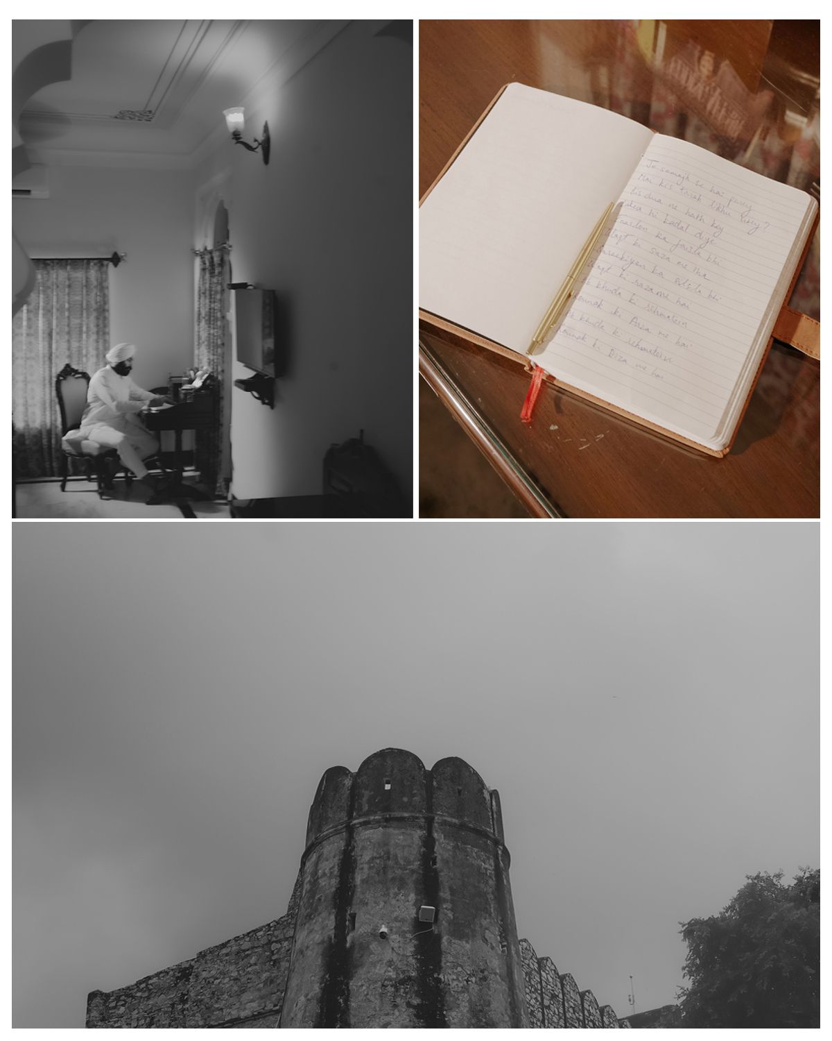 Collection of vintage photos featuring piano interior and an ancient stone tower against moody sky.