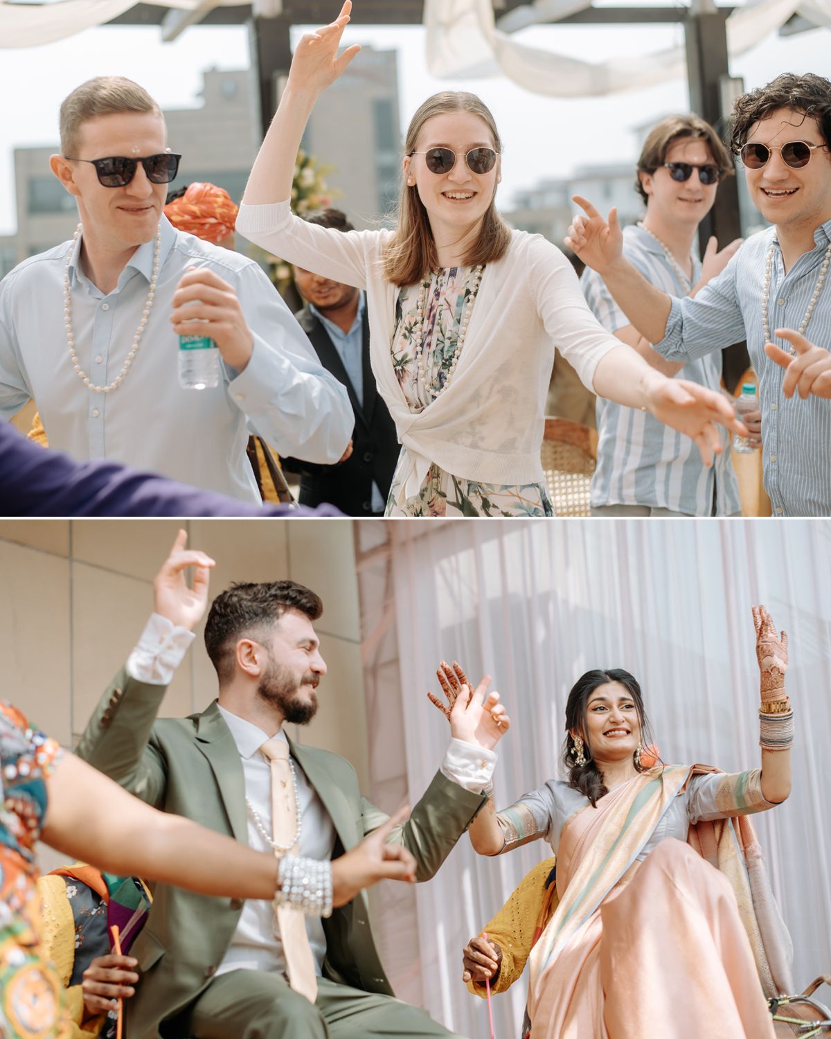 Wedding guests and couple dancing joyfully at reception celebration.